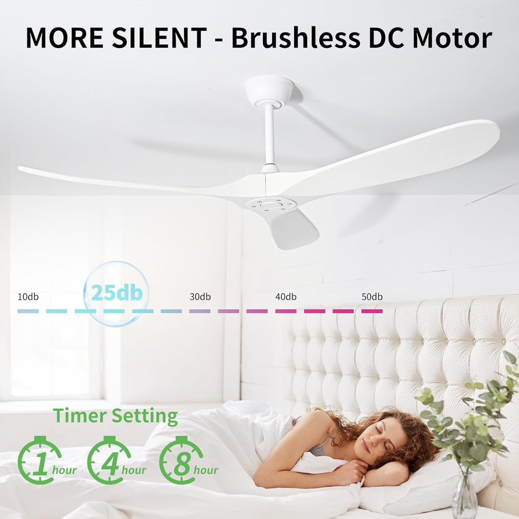 52 Inch White Ceiling Fan No Light ，Wood Outdoor Ceiling Fans for Patios Living Room Bedroom Dc Reversible Modern Ceiling Fan Without Light with Remote Control