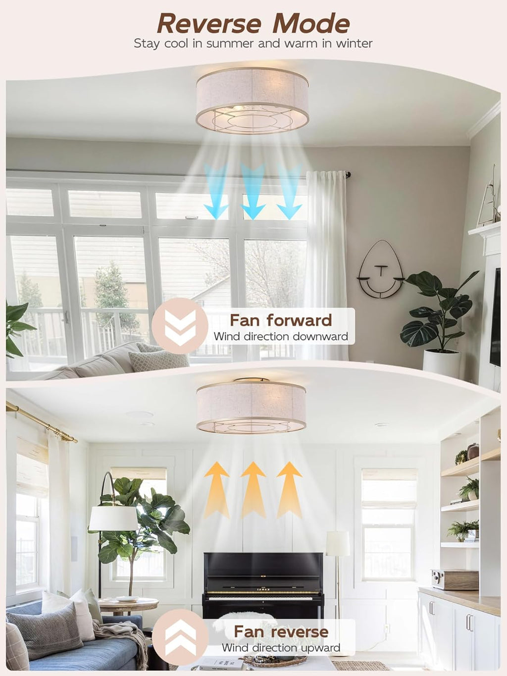 Gold Flush Mount Ceiling Fans with Lights, 20' Caged Boho Ceiling Fan with Light and Remote, Bladeless with 6 Speeds for Bedroom, Nursery, Living Room