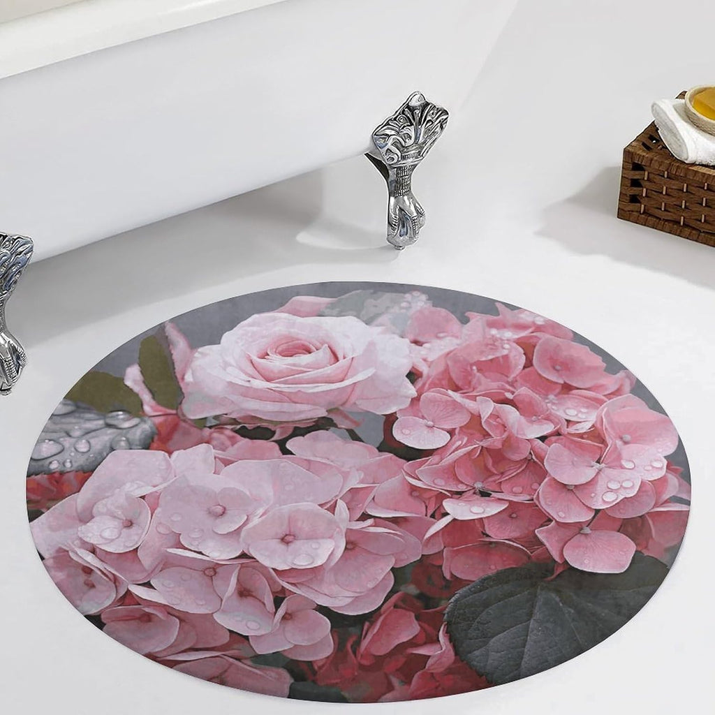 Pink Rose Hydrangea Coral Velvet Round Floor Mat Non-Slip Bath Rug Floor Covering for Bathroom Vanity Guest Suite & Vacation Home