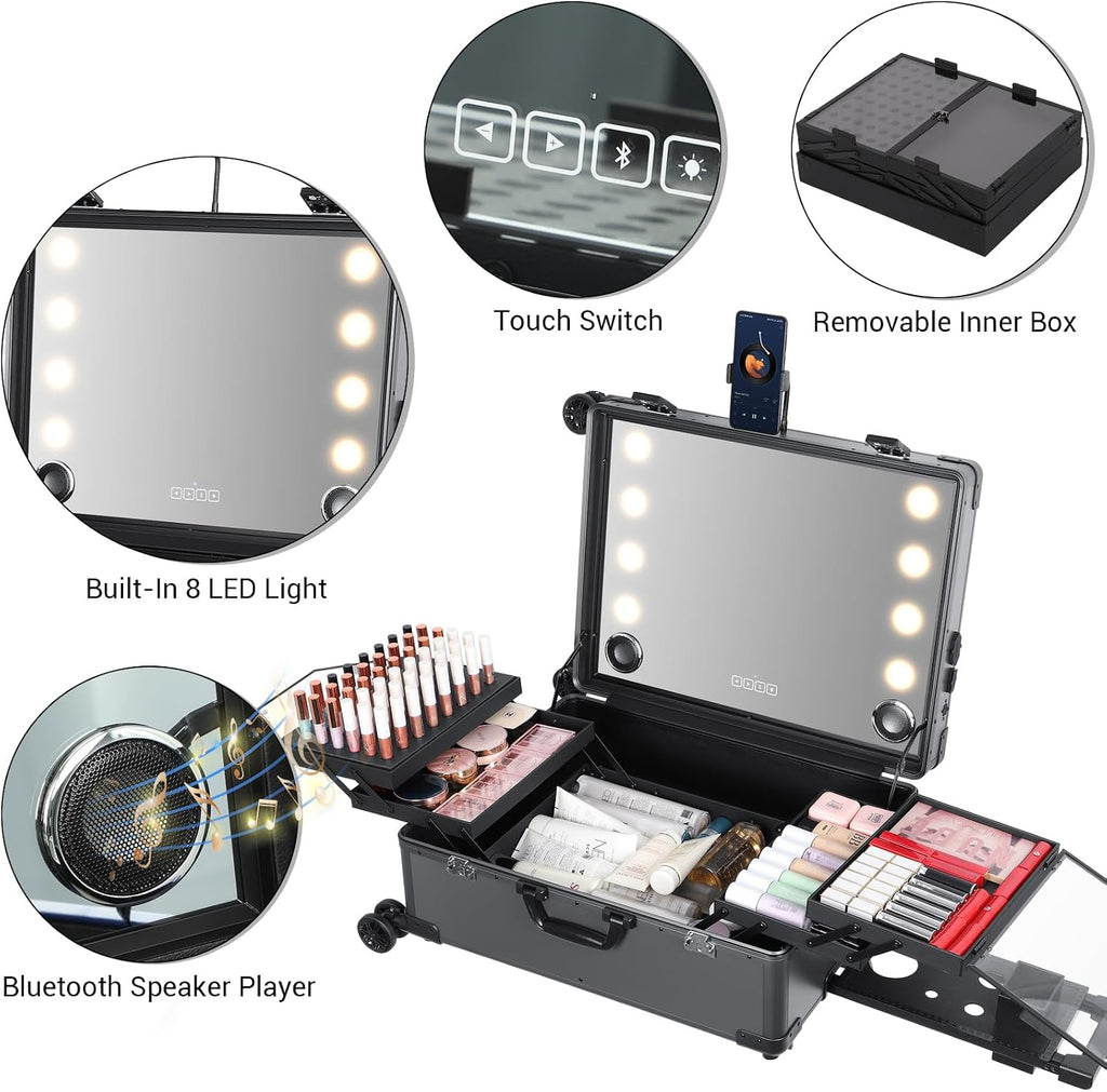 Rolling Makeup Train Case with Lighted Mirror and Bluetooth Speaker Professional Cosmetic Organizer Case with Wheels, Stands Portable Makup Station Vanity for Travel (Gray, Large)
