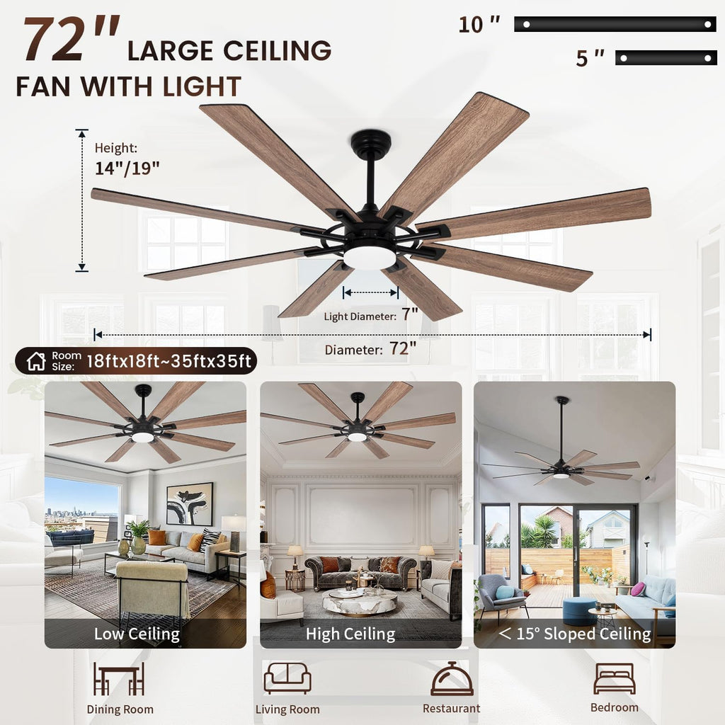 72 inch Large Ceiling Fans with Lights and Remote, Indoor/Outdoor Modern Ceiling Fan for Kitchen Living Room Patio, 6 Speed Reversible Quiet DC Motor, 3 CCT, Dual Finish 8 Blades