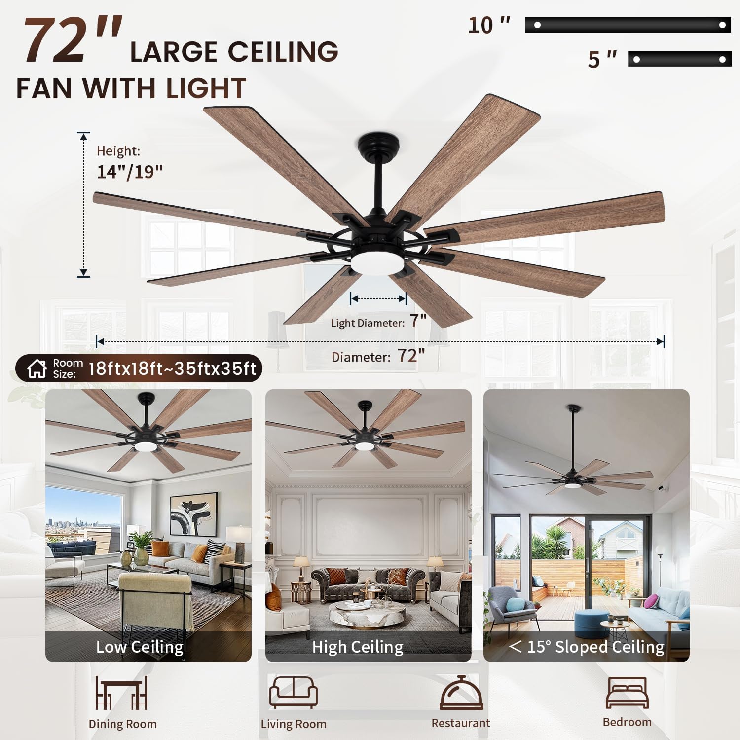 72 inch Large Ceiling Fans with Lights and Remote, Indoor/Outdoor Modern Ceiling Fan for Kitchen Living Room Patio, 6 Speed Reversible Quiet DC Motor, 3 CCT, Dual Finish 8 Blades