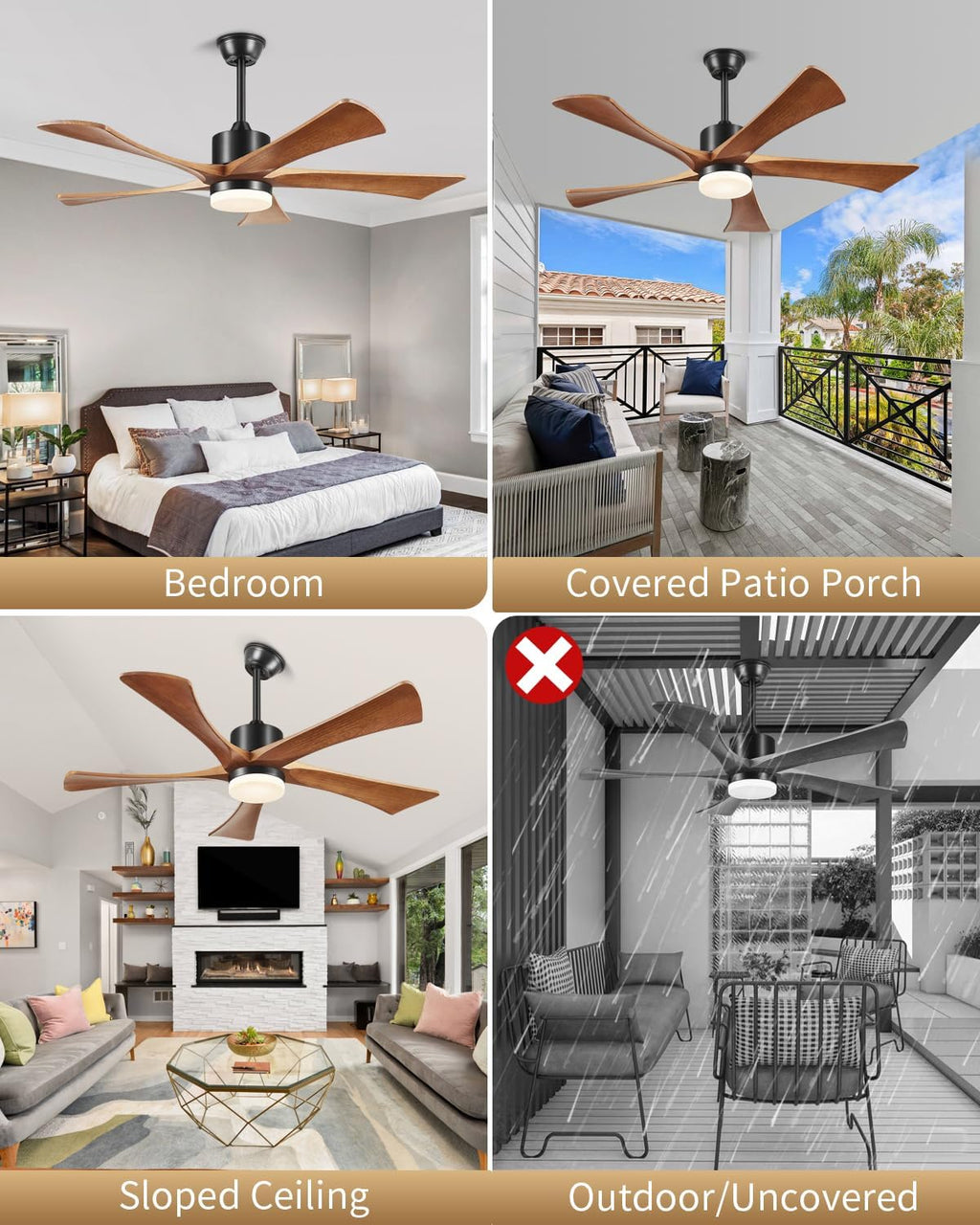 Ceiling Fans with Lights and Remote, 52 Inch Outdoor Fans for Patios, USA Original Patent, ETL Listed, 3 Downrods, 5 Blades, 6 Speeds Reversible Noiseless DC Motor Wood Fans for Farmhouse, 52', Walnut