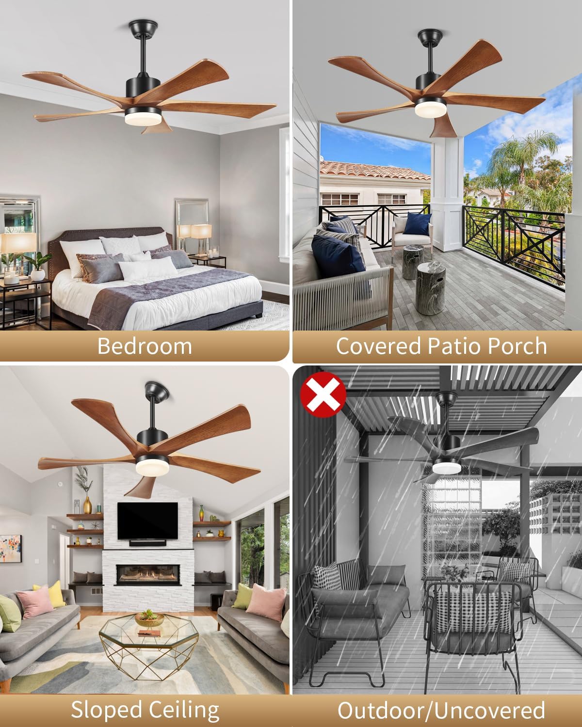 60 Inch Ceiling Fans with Lights and Remote, USA Original Patent Modern Ceiling Fan, ETL Listed, 3 Downrods, 5 Blades, 6 Speeds Reversible Quiet DC Motor Indoor Outdoor Fans,60' Walnut Wood