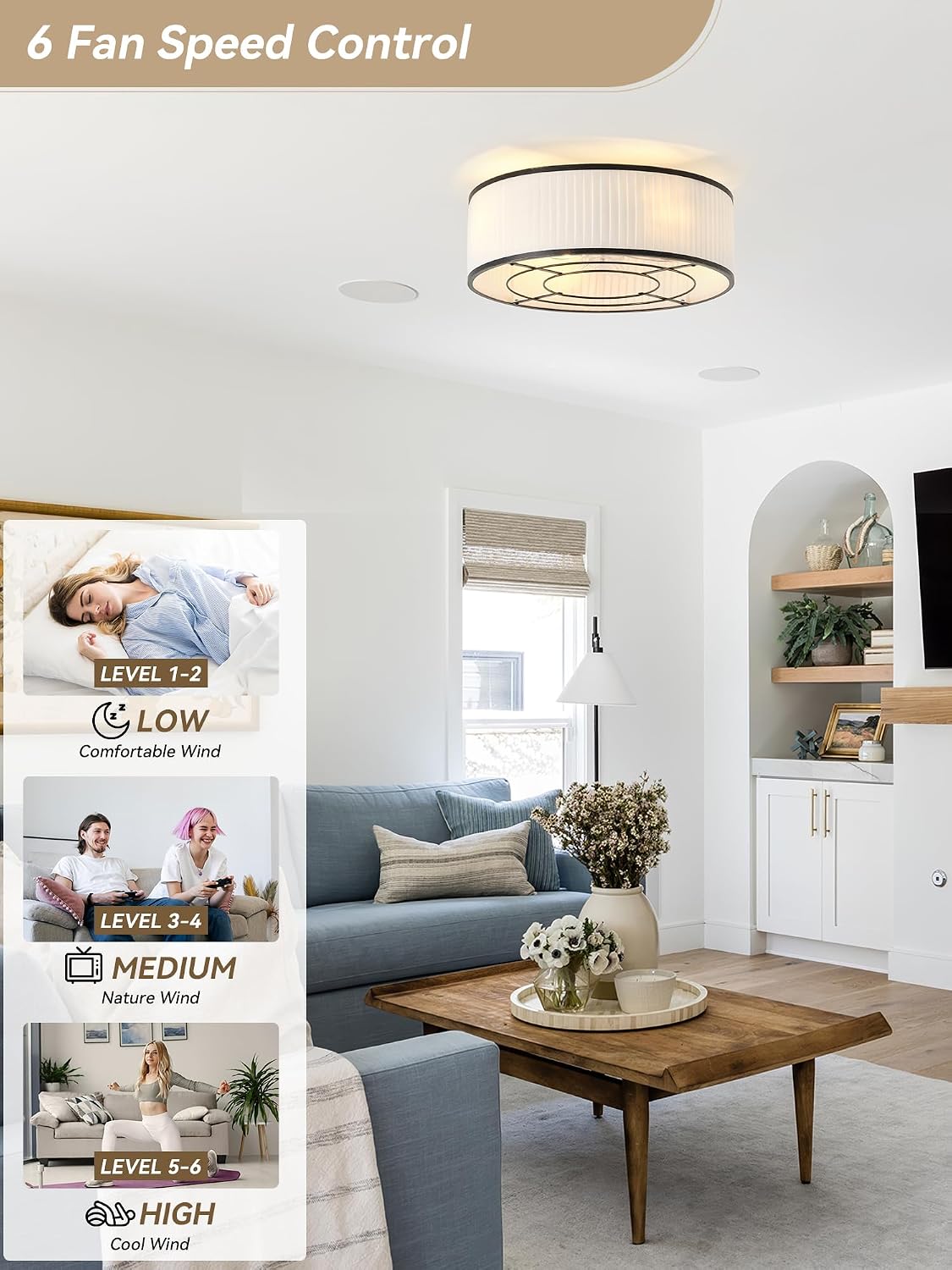 Boho Ceiling Fan with Light Flush Mount, 20' Black Caged Ceiling Fan with Lights Remote Control, Bladeless Ceiling Fan 6 Speeds for Bedroom, Living Room, Nursery