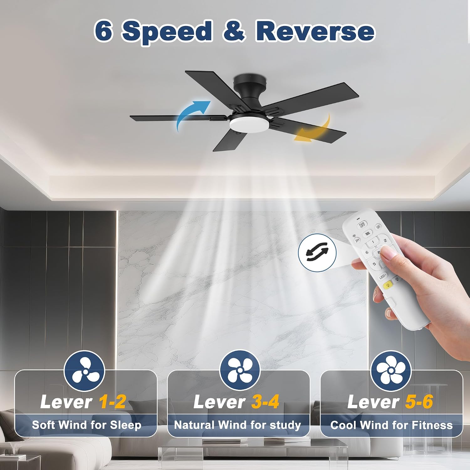 42' Smart Low Profile Ceiling Fan with Lights Remote,6 speed Quite DC Motor,WIFI Voice Control via Alexa App,Dimmable LED,Outdoor Indoor Flush Mount Fans for Small Bedroom Patio Porch,Black&Walnut