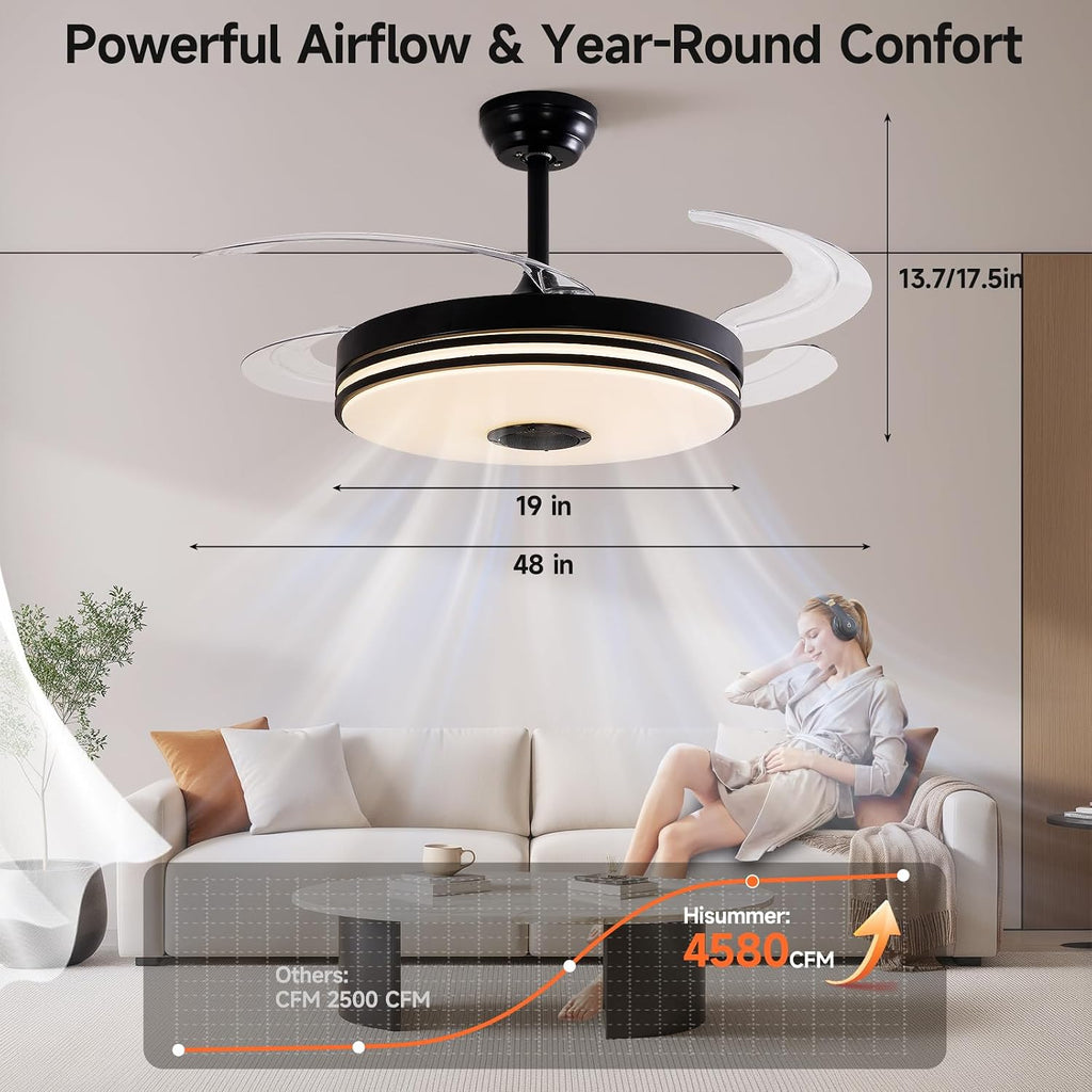 48 Inch Retractable Ceiling Fans with Lights, RGB Ceiling Fan with Remote Control,Speaker, Dimmable, 6 Speed Reversible Smart Ceiling Fans for Living Room Bedroom