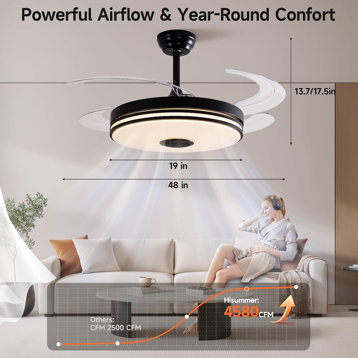 48 Inch Retractable Ceiling Fans with Lights, RGB Ceiling Fan with Remote Control,Speaker, Dimmable, 6 Speed Reversible Smart Ceiling Fans for Living Room Bedroom