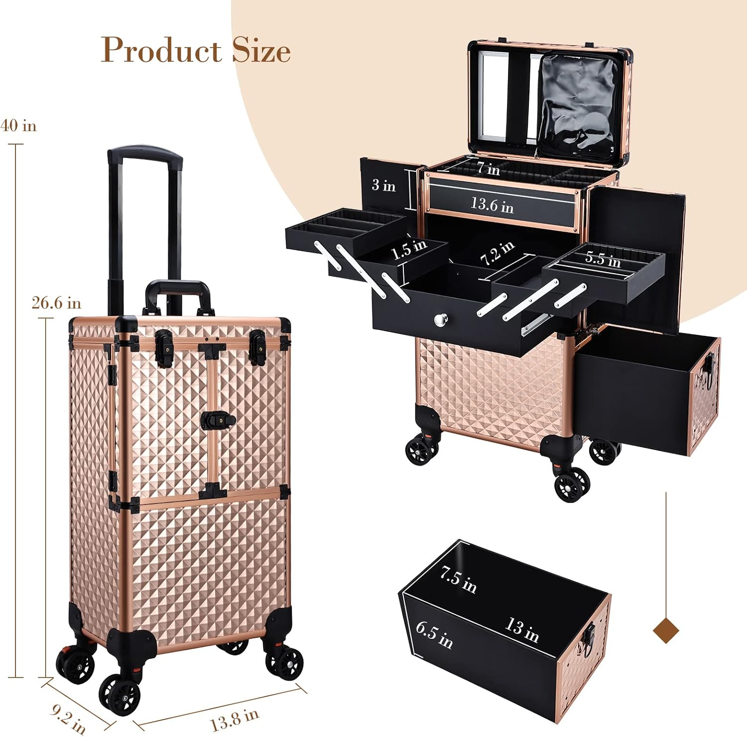 Professional Makeup Artist Rolling Train Case Multi-functional Cosmetic Train Case Large Trolley Storage Case for Nail Technicians Cosmetology Case for Hairstylist Rose Gold