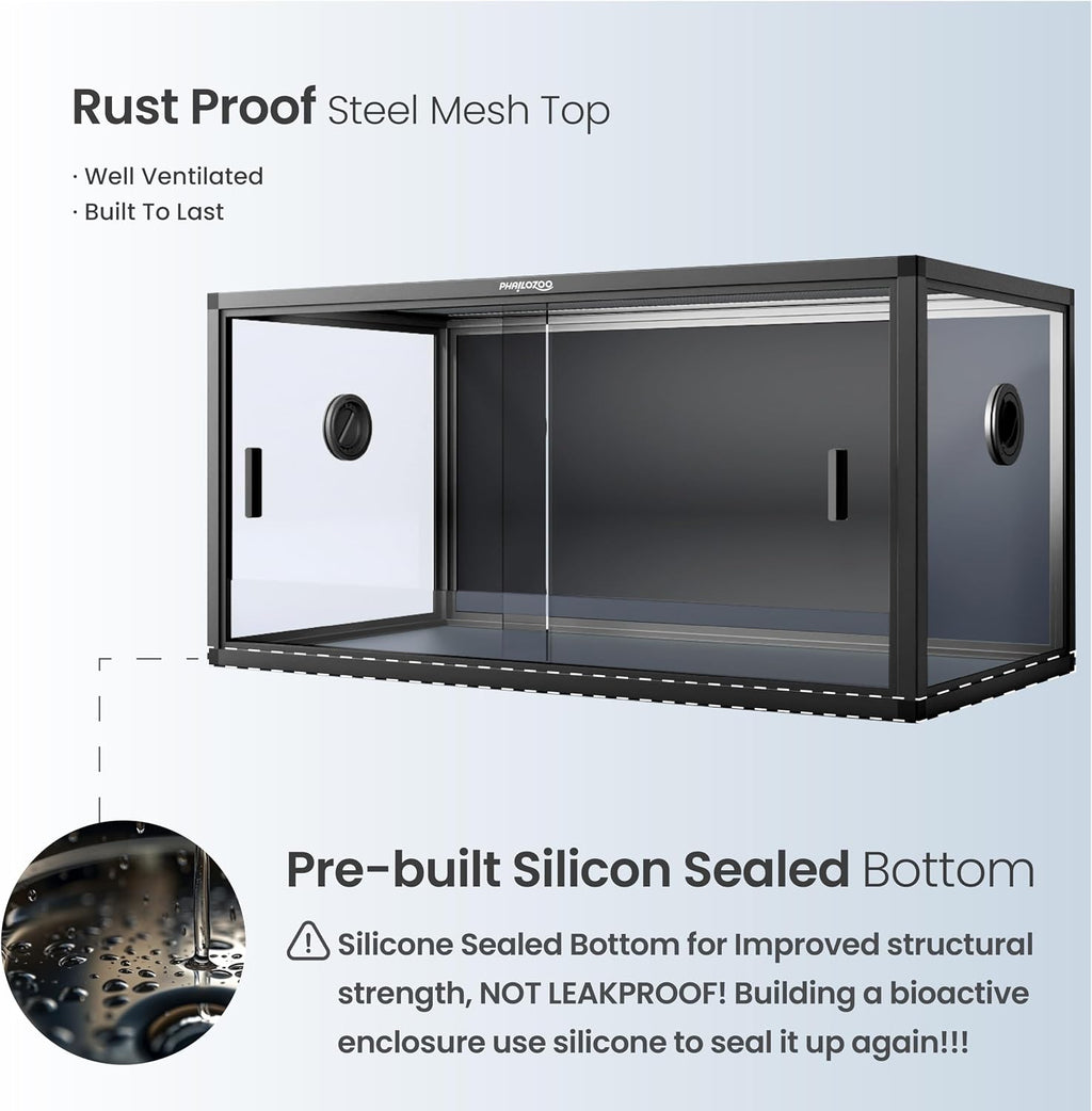 Phailozoo 50 Gallon Reptile Enclosure, Colorful Aluminum Frames Reptile Tank Assemble Within 6 Steps, Rust Proof Mesh Top for Air Circulation & Light Penetration, Dual Grommets for Multiple Wire Use