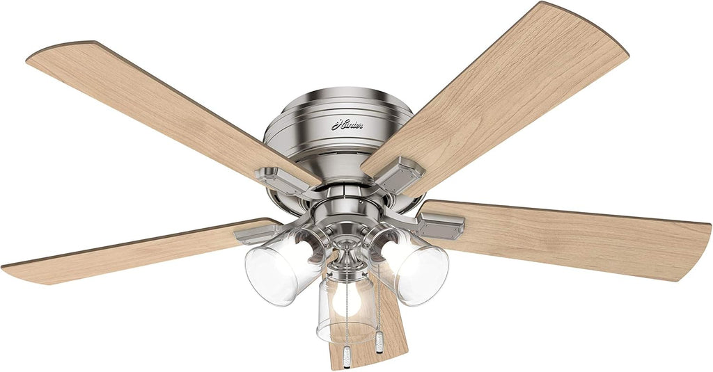 Hunter 52 inch Indoor Ceiling Fan with LED Lights and Pull Chain - Low Profile Flush Mount Ceiling Fan, 5 Blades, For Bedroom, Living Room, or Kitchen, Quiet - Crestfield 54209, Brushed Nickel