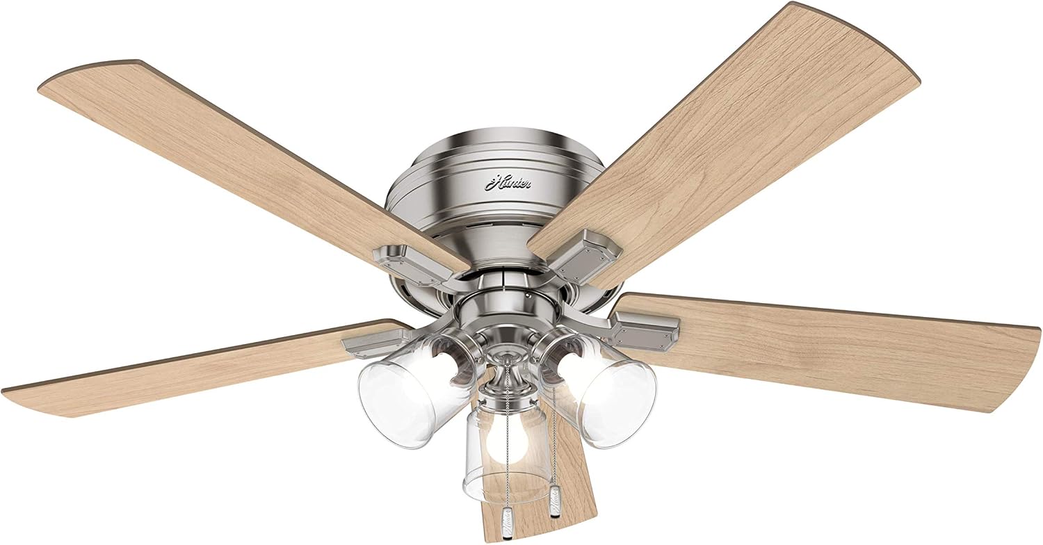 Hunter 52 inch Indoor Ceiling Fan with LED Lights and Pull Chain - Low Profile Flush Mount Ceiling Fan, 5 Blades, For Bedroom, Living Room, or Kitchen, Quiet - Crestfield 54209, Brushed Nickel
