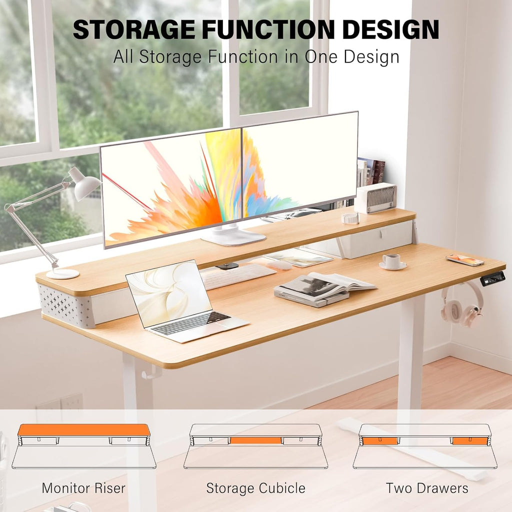 Electric Standing Desk with Two Drawers,48 x 24 Inch Sit Stand Desk Adjustable Height, Stand Up Desk with Storage Shelf, Computer Workstation for Home Office, Oak