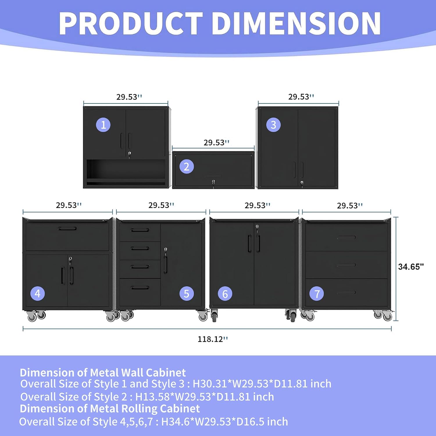 Garage Storage Cabinet System 6pcs Heavy Duty Workshop Set Wall Cabinet Lockable Rolling Tool Cabinets with Adjustable Shelves Metal Garage Storage Cabinets