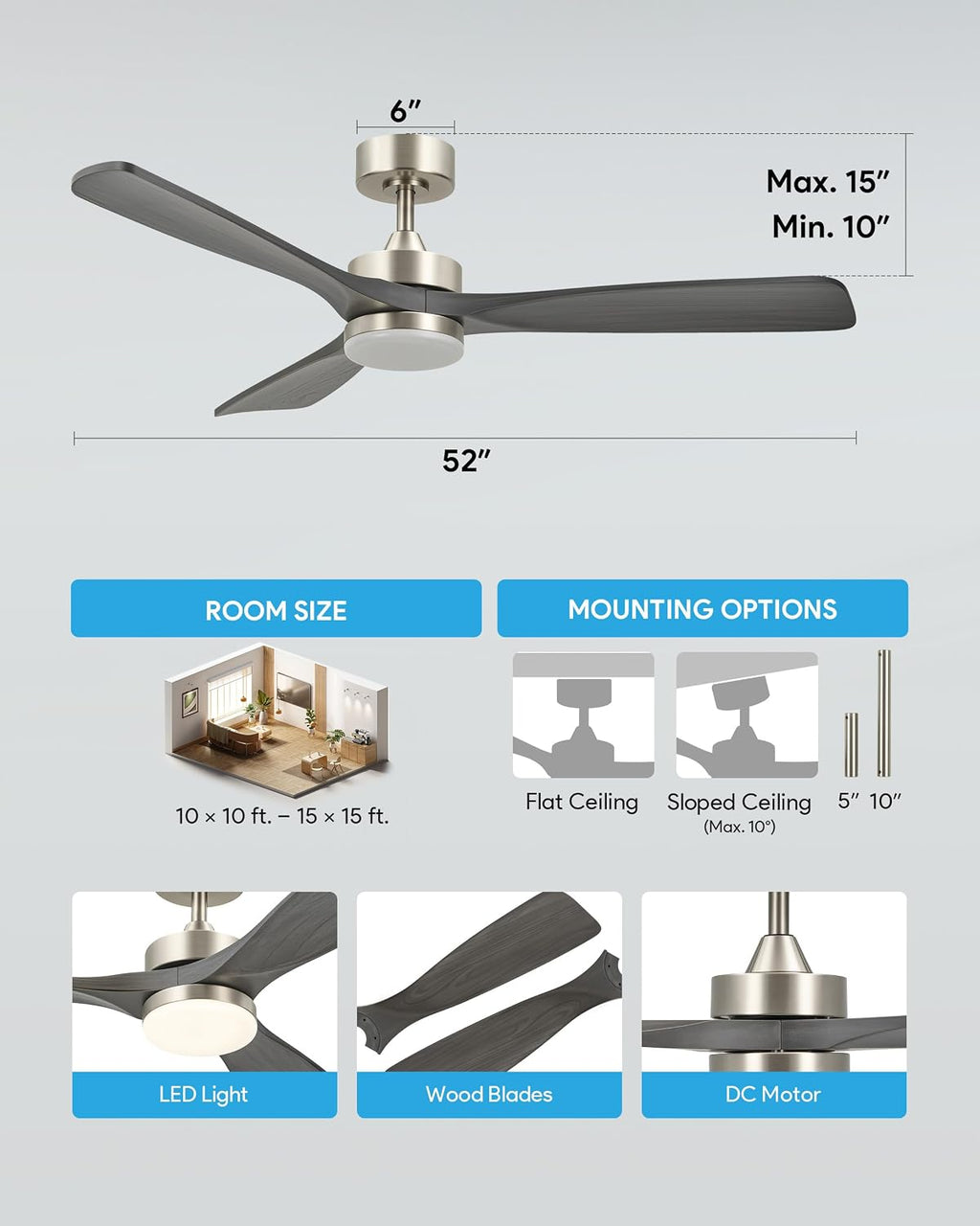 VONLUCE Wood Ceiling Fan with Lights, 52 Inch Ceiling Fan and Remote, 6 Speed Reversible Noiseless DC Motor, 3CCT, Solid Wood Outdoor Ceiling Fan for Patios Farmhouse, Grey