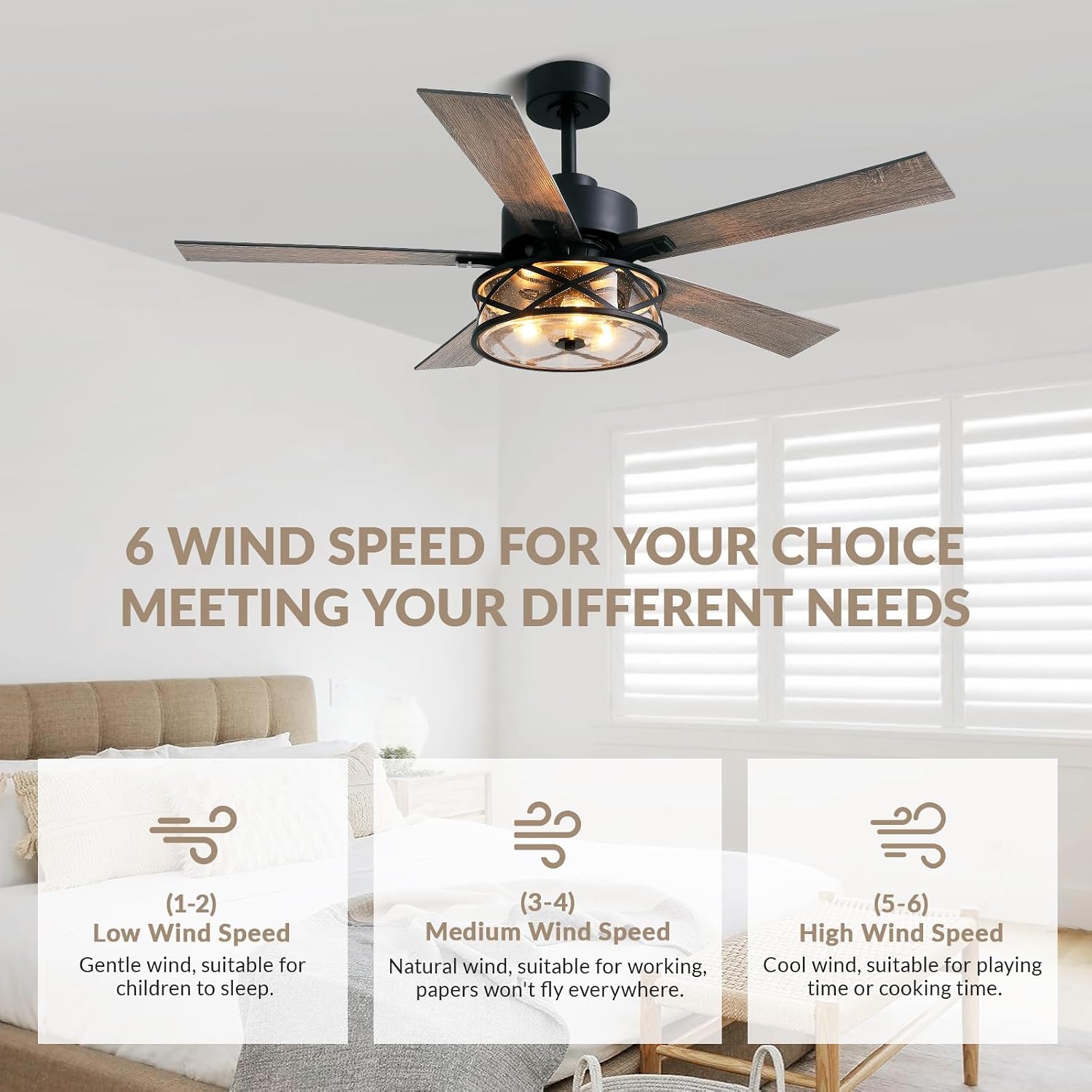 Farmhouse Ceiling Fans with Lights and Remote Control, 52 Inch Rustic Fandelier Ceiling Fan with Bubble Glass Shade 6-Speed Caged Ceiling Fan for Living Dining Room Bedroom,Walnut/Brown