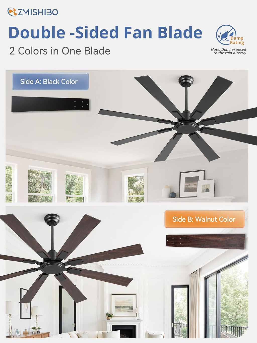 ZMISHIBO 62 Inch Ceiling Fan No Light with Remote, Modern Black Ceiling Fan without Light, Quiet Reversible DC Motor, 6-Speeds, Large Ceiling Fans for Living Room, Bedroom, Patio, Indoor/Outdoor Use