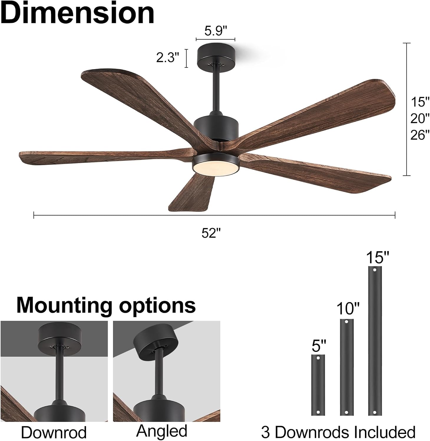 52 Inch Ceiling Fan with Lights, 5 Blade Ceiling Fan with Remote Control, 5 Reversible Solid Wood Blades, 6-Speed Outdoor Fan for Patios Porch Living Room,Dark Brown