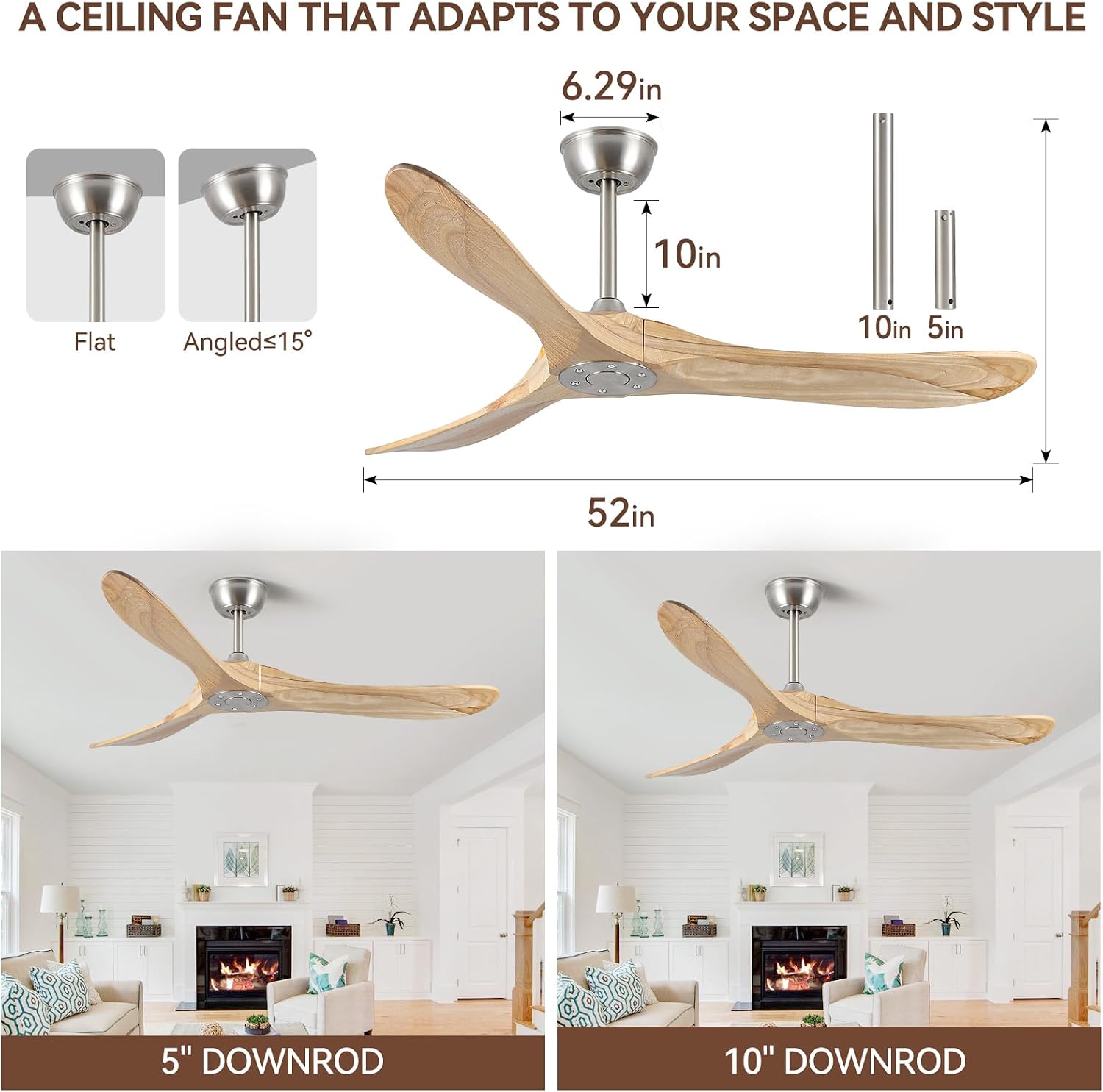52 Inch Ceiling Fan with Remote Control, Solid Wood, 6-Speed DC Motor, 3 Reversible Natural Wooden Blades, 1/4/8 Hour Timer, Quiet & Energy Efficient for Indoor/Outdoor Use
