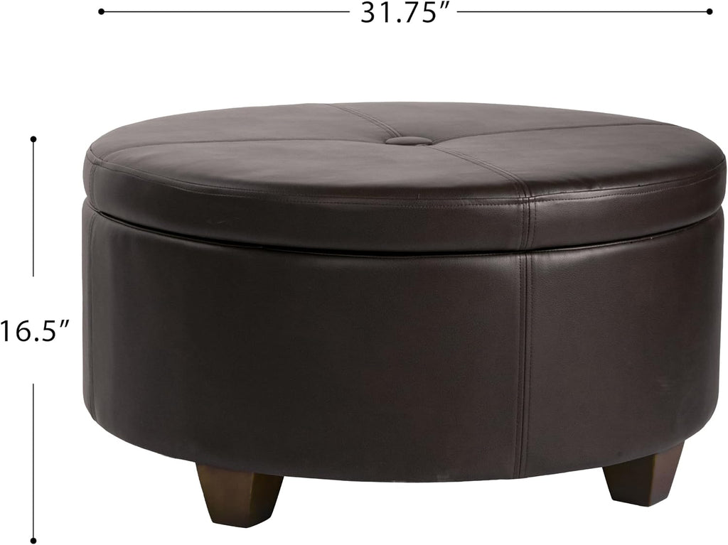 HomePop 32' Large Tufted Round Storage Ottoman - Vintage Brown Faux Leather
