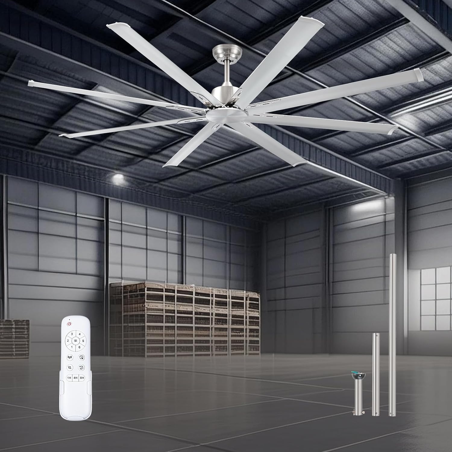 Minislak 84 Inch Ceiling Fan No Light with 8 Brushed Nickel Aluminum Blades,Industrial DC Motor Fan Quiet Operation with Remote,6 Speeds,Large Indoor Outdoor Ceiling Fan for Garage,Patio,Living Room
