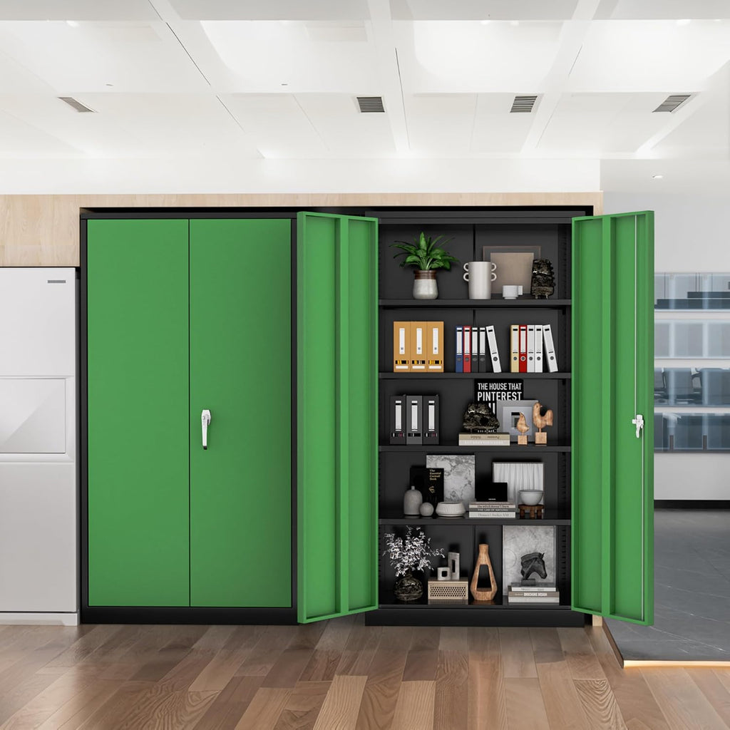Greenvelly 72' H Metal Garage Storage Cabinet with 2 Doors and 4 Adjustable Shelves, Black Green Metal Cabinet with Lock for Office,Home, Garage, Gym, School