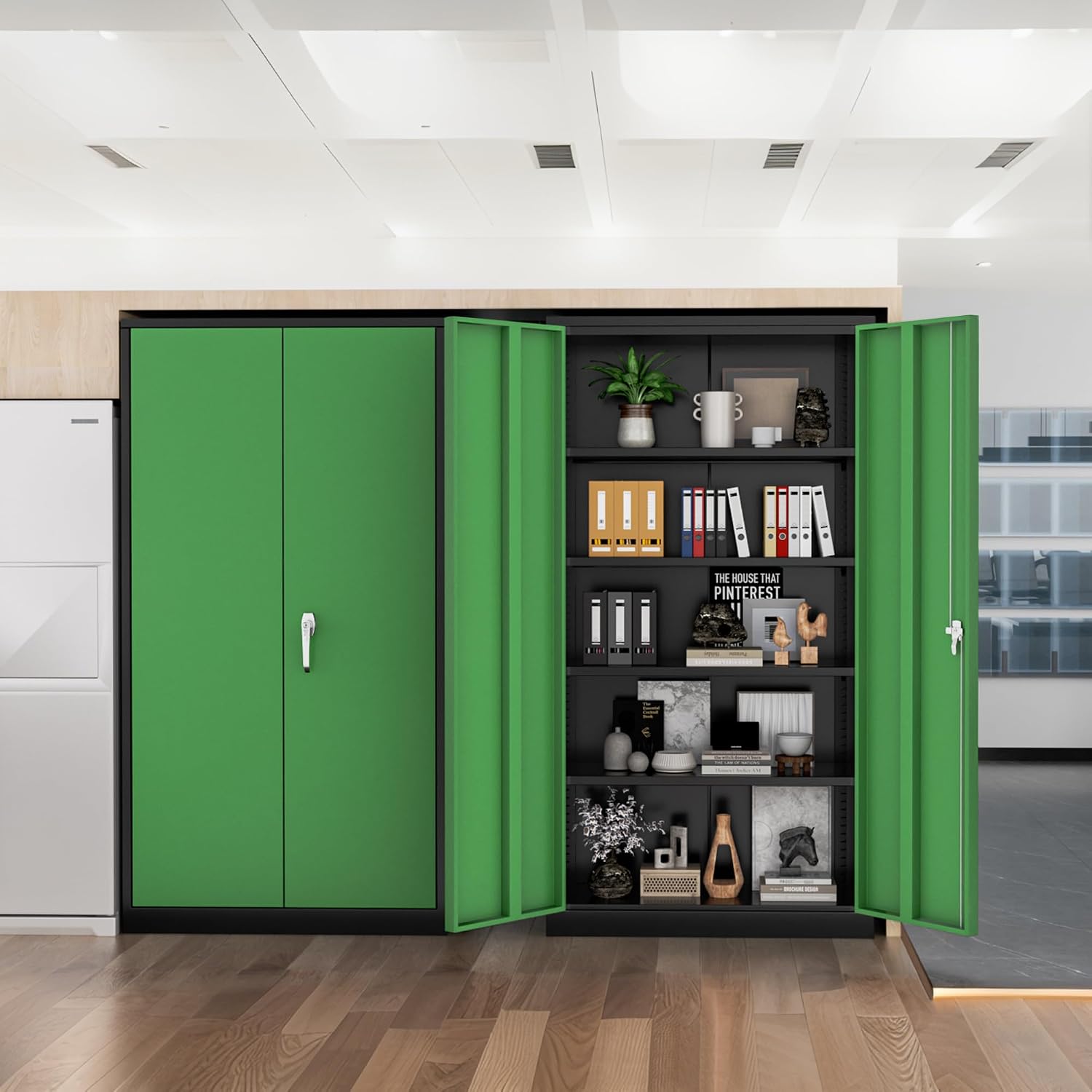 Greenvelly 72' H Metal Garage Storage Cabinet with 2 Doors and 4 Adjustable Shelves, Black Green Metal Cabinet with Lock for Office,Home, Garage, Gym, School