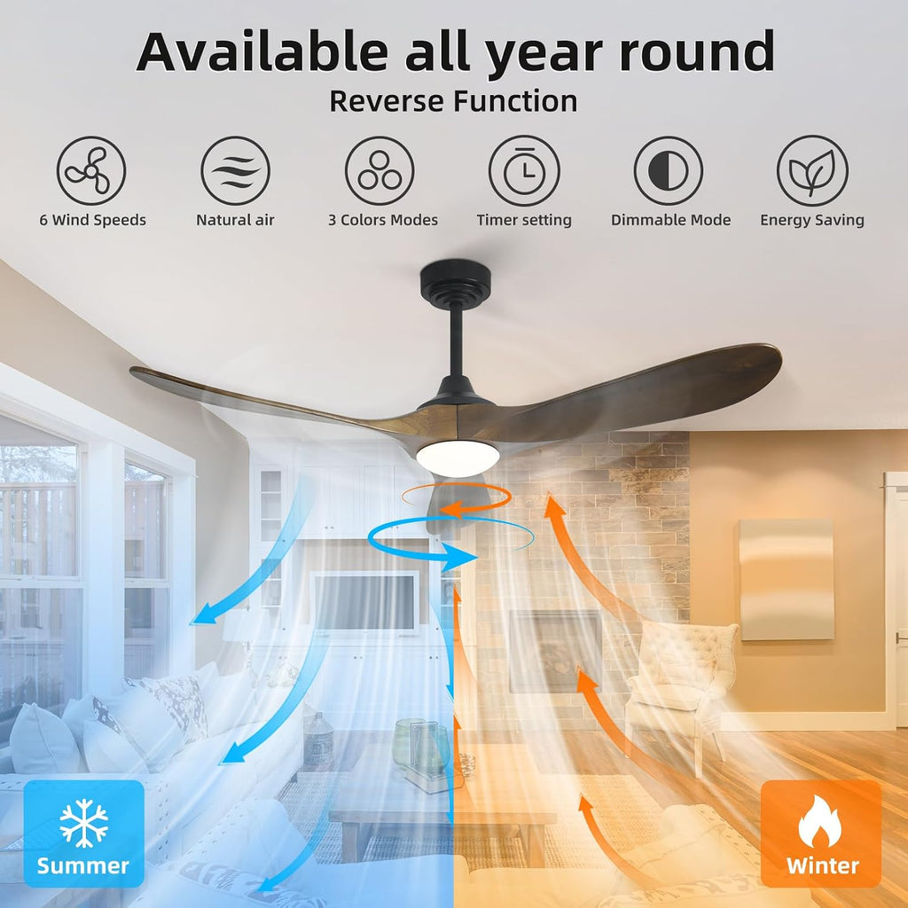 52' Outdoor Ceiling Fan with Light, Compatible with Alexa/Google, 3 Walnut Solid Wood Blade, Noiseless Reversible Dc Motor, Smart Outdoor Wood Ceiling Fan for Farmhouse Patios, Bronze