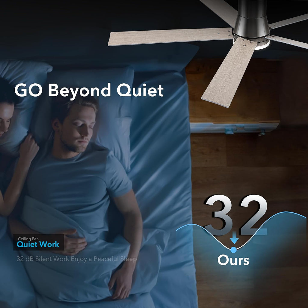 60 Inch Flush Mount Brushed Nickel Ceiling Fans with Lights and Remote | 6 Speed Reversible DC motor,3-color temperature dimmable LED.For indoor/covered outdoor.Modern style for bedroom room