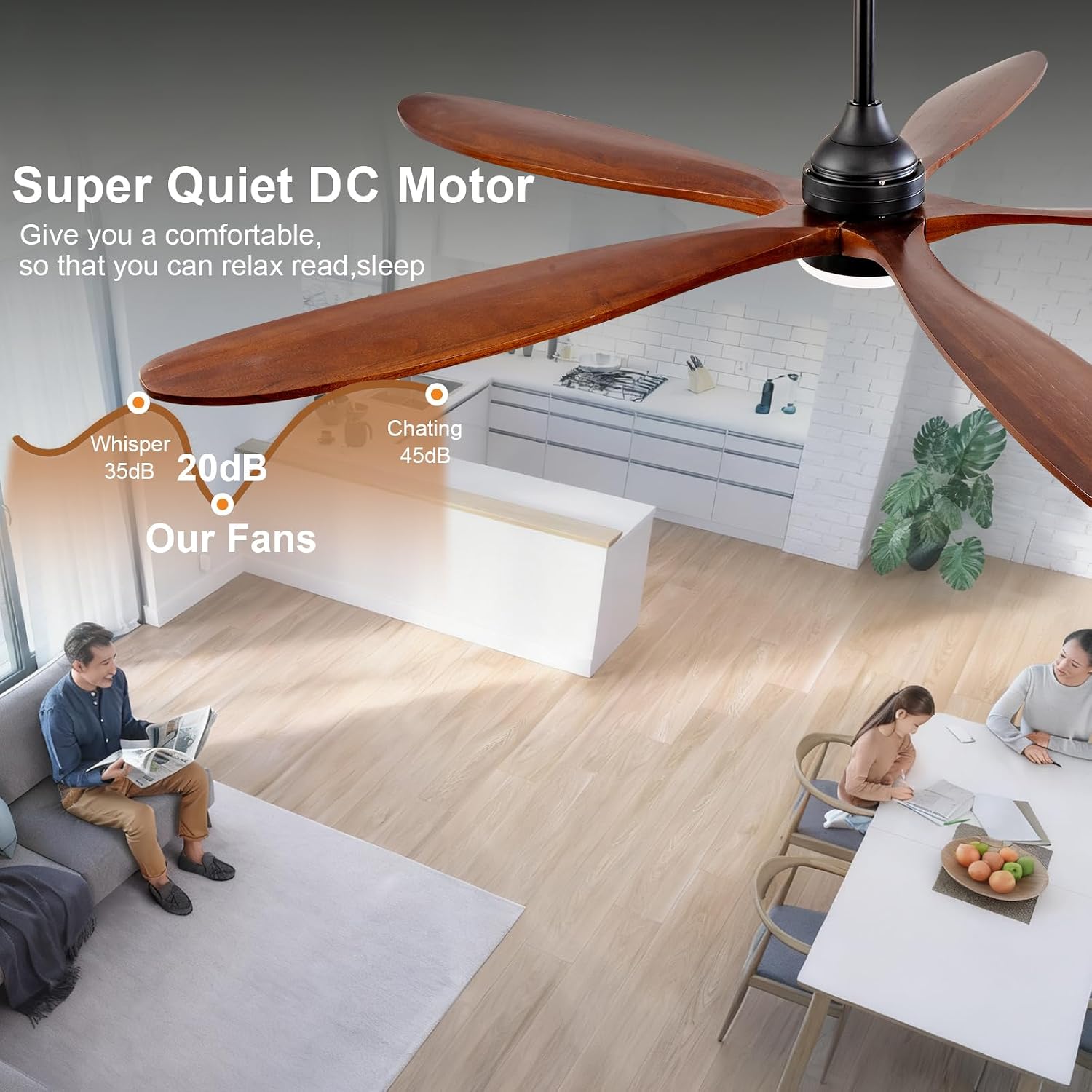 72 Inch Solid Wood Outdoor Ceiling Fans with Lights and Remote,Walnut 5 Blades,Dimmable,6 Speed Quiet DC Motor, Indoor Outdoor Ceiling Fan for Patios Bedroom Living Room