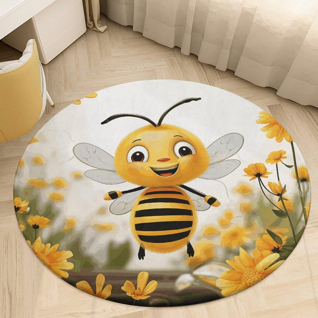 Cute Bees Daisy Flower Coral Velvet Round Floor Mat Non-Slip Bath Rug Floor Covering for Bathroom Vanity Guest Suite & Vacation Home