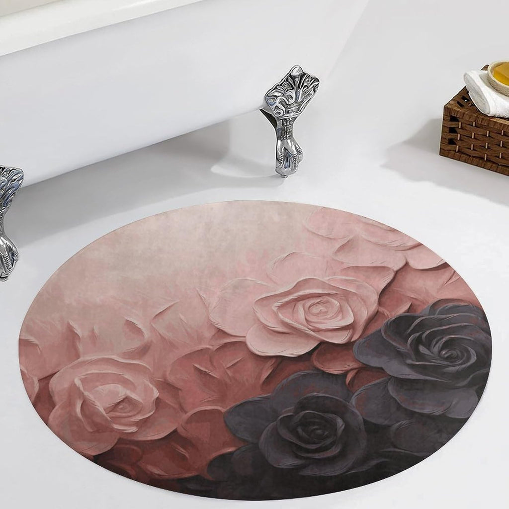 Rose Color Blush and Black Coral Velvet Round Floor Mat Non-Slip Bath Rug Floor Covering for Bathroom Vanity Guest Suite & Vacation Home