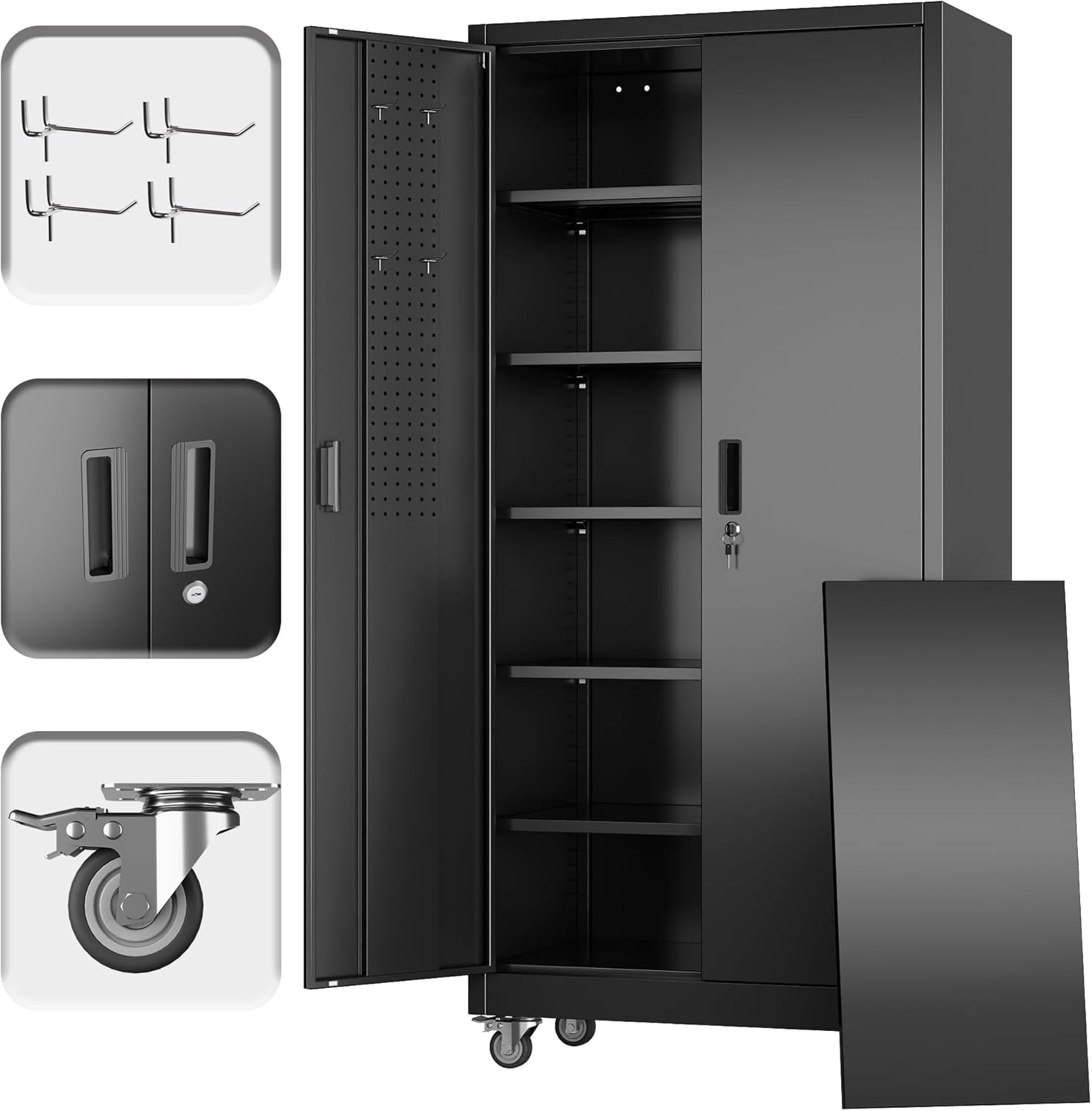 Reemoon Metal Storage Cabinet with Wheels and Pegboard, 71' Tall Garage Storage Cabinet with 5 Adjustable Shelves and Locking Doors, Heavy Duty Steel Utility Cabinet for Office