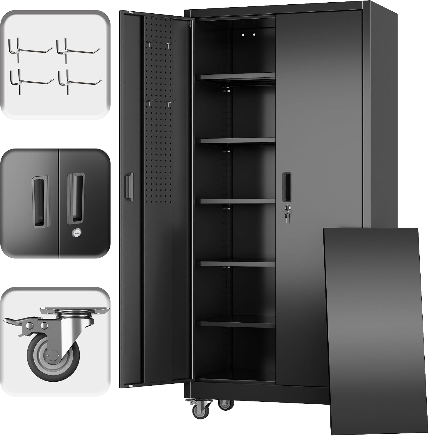 Reemoon Metal Garage Storage Cabinet with Wheels and Lockable Doors, Steel Storage Cabinet with 5 Adjustable Shelves and Pegboard for Garage Home Utility Room,Required Assembly,Black,71'H×34'W×18'D