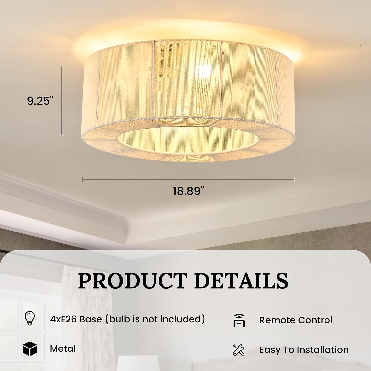 20' Rattan Caged Flush Mount Fandelier，White Boho Ceiling Fan with Remote, Reversible