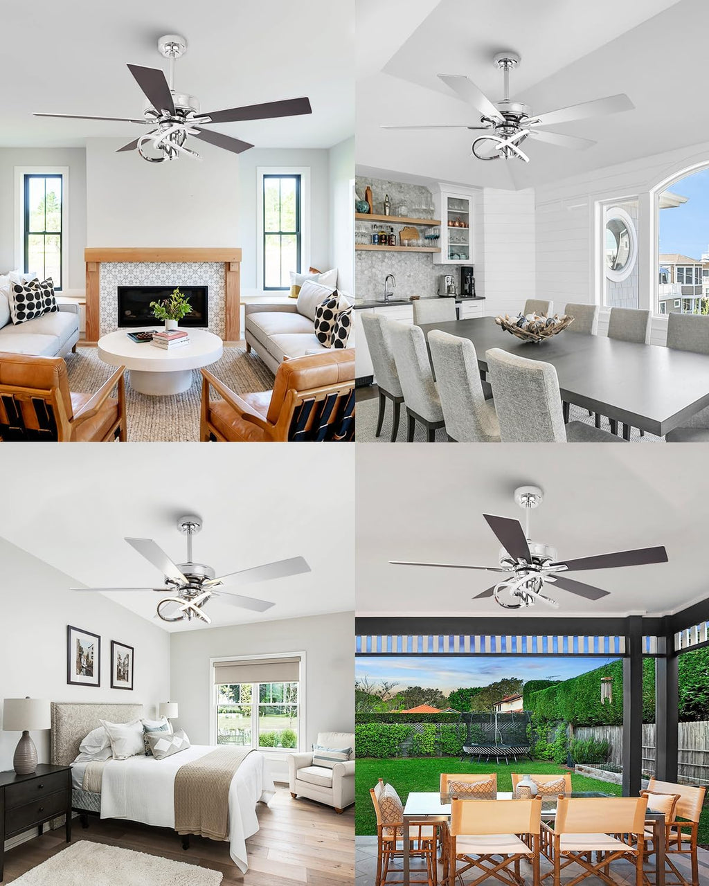 52 Inch Ceiling Fans with Lights, Creative Modern Silver Ceiling Fan and Remote, 3CCT, 6 Speeds, Quiet, Dual-Sided Reversible 5 Blades Indoor Outdoor Chandelier Fan for Bedroom Living Room