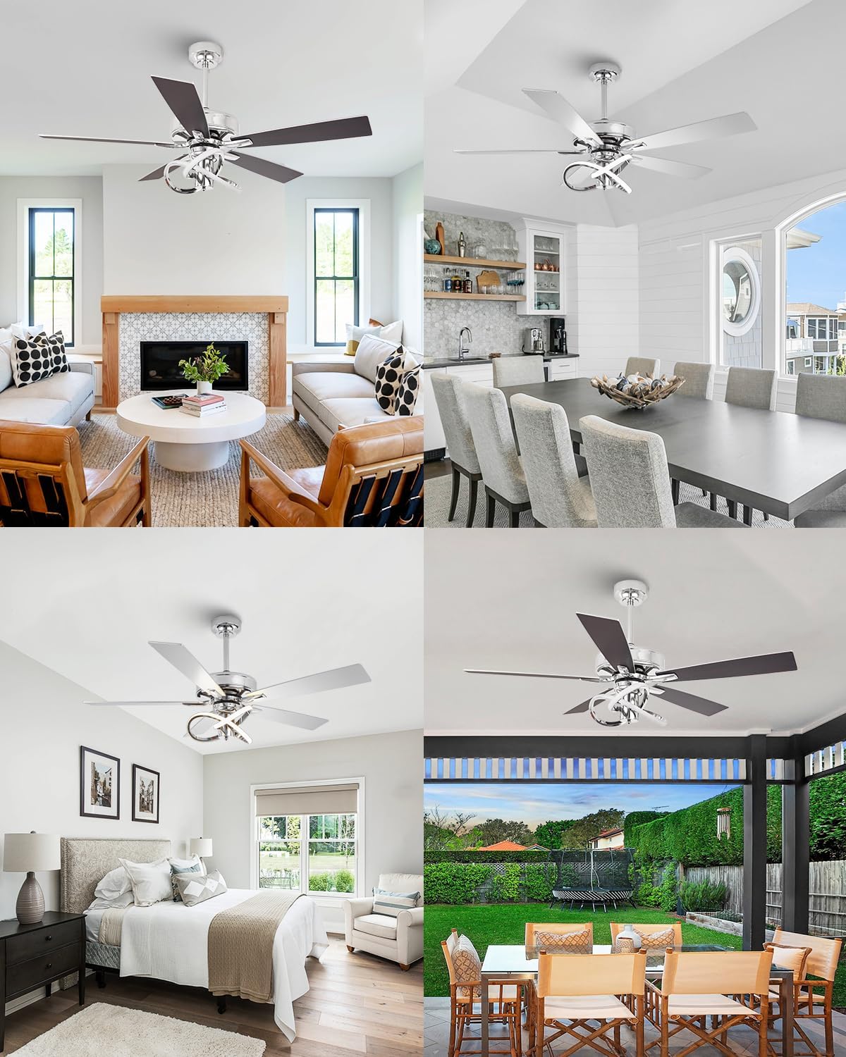 52 Inch Ceiling Fans with Lights, Creative Modern Silver Ceiling Fan and Remote, 3CCT, 6 Speeds, Quiet, Dual-Sided Reversible 5 Blades Indoor Outdoor Chandelier Fan for Bedroom Living Room