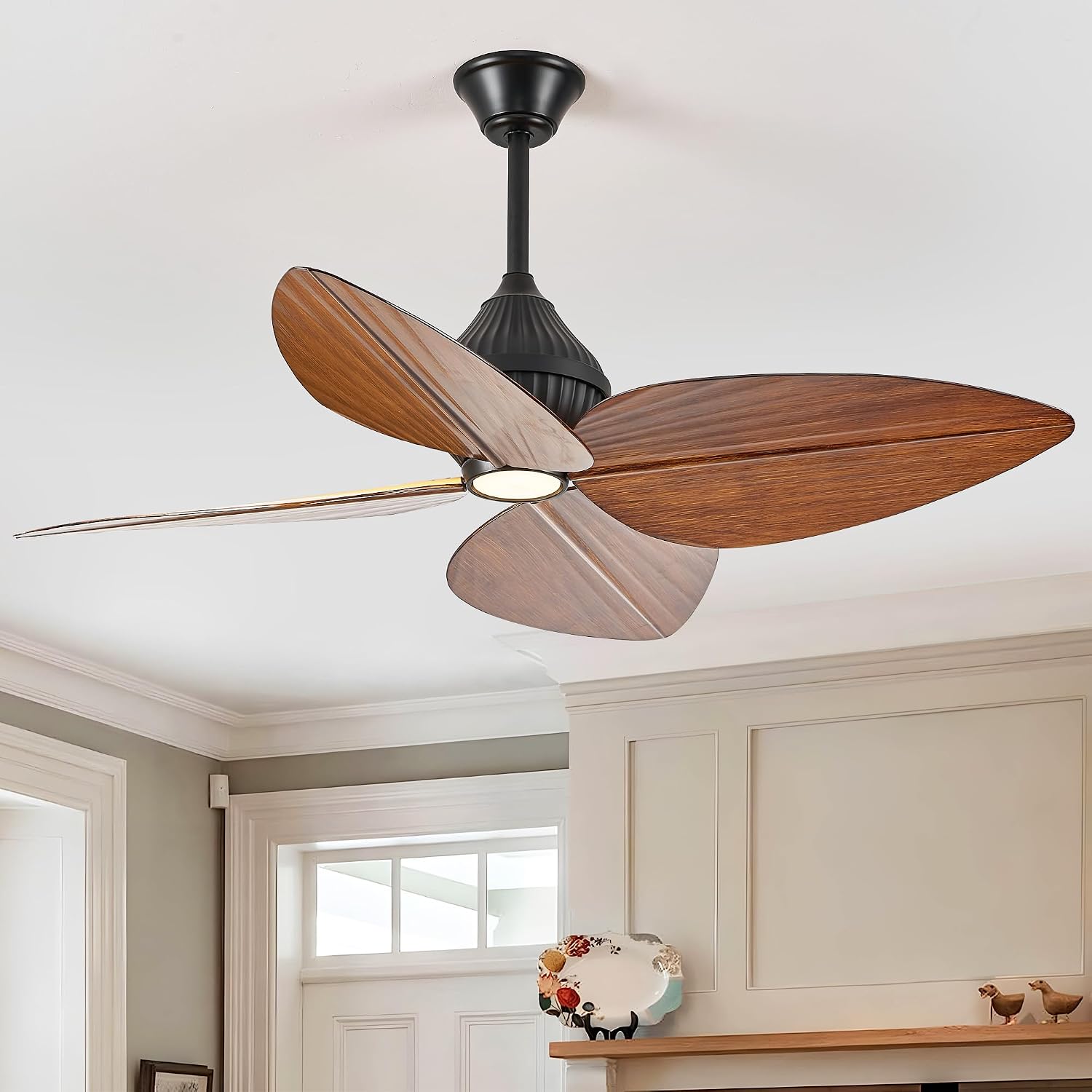52' Ceiling Fan, Tropical Ceiling Fans with APP and Remote Control, Indoor Palm Leaf Ceiling Fans with Lights for Living Room Bedroom Patios, Dimmable(Walnut)
