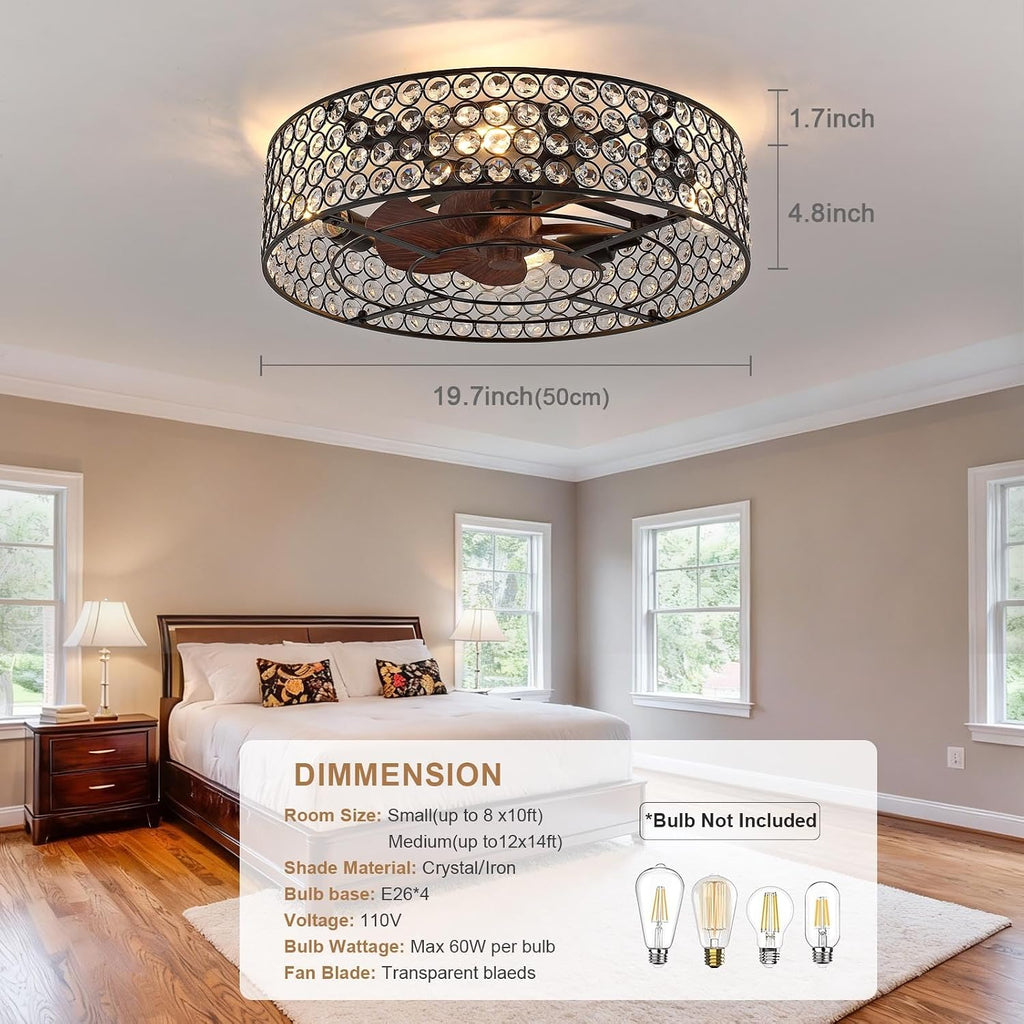 Modern Chandelier Crystal Ceiling Fans with Lights and Remote, 20-Inch Low Profile Bladeless Flush Mount Caged Ceiling Fan for Bedroom, Kitchen,Living Room,Small Ceiling Fan with Light with 6 Speed