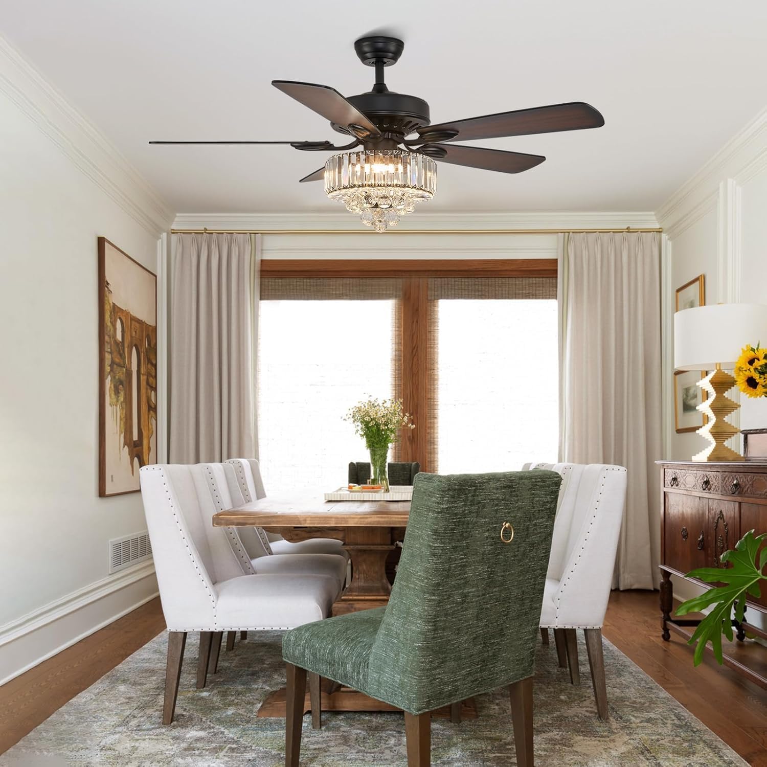 NOXARTE 52 Inch Crystal Ceiling Fan with Light, Modern LED Fandelier with Remote, Black Chandelier Fan Reverse Motor Wood Blades with 6 Speeds for Living Dining Room