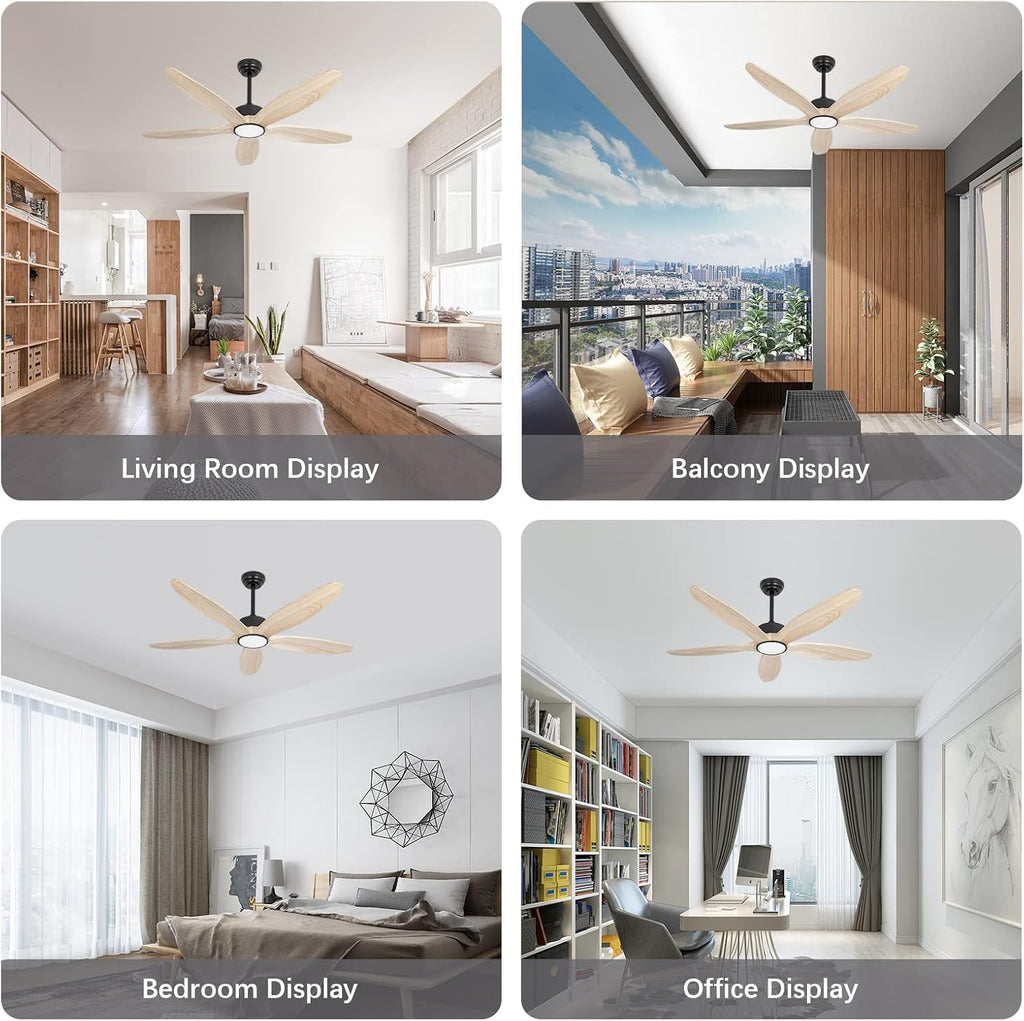 Ceiling Fan with Light and Remote,Quiet Reversible DC Motor,6 Wind Speed,LED Dimmable and Memory,for Bedroom Living Room,52 inch,Natural 5 Wood Blades