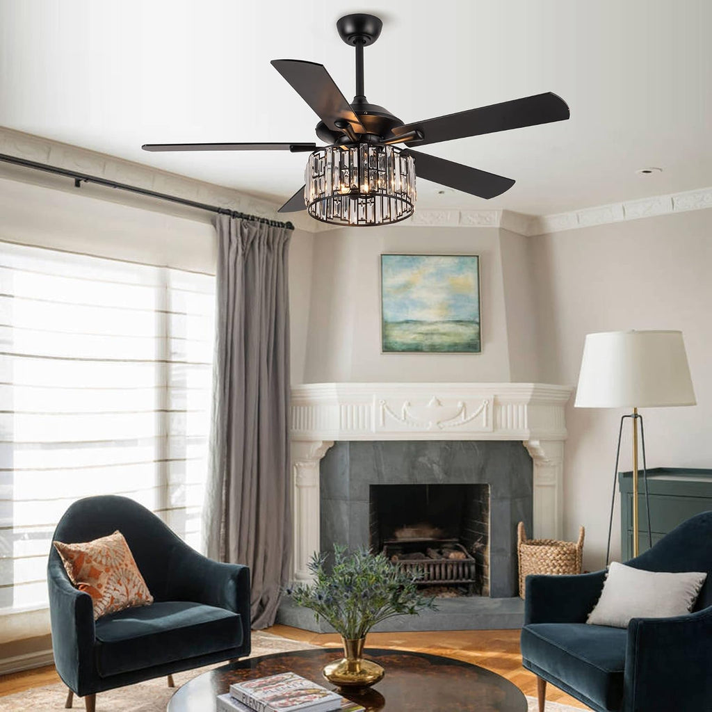 Parrot Uncle Ceiling Fans with Lights and Remote Black Ceiling Fan with Light for Bedroom Crystal Chandelier Fans, Reversible Motor, Timer, E26 Lamp Base, 52 Inch