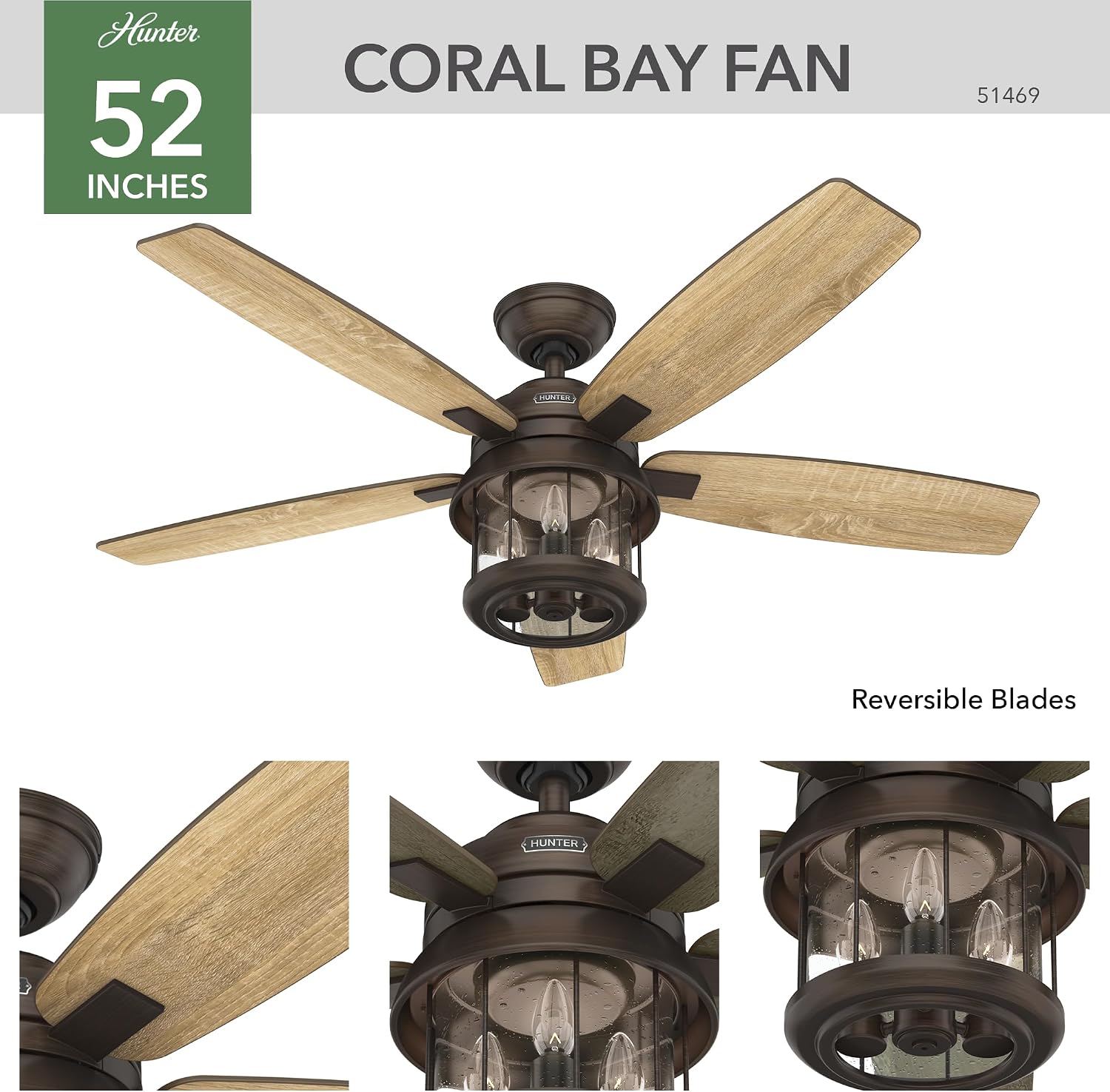 Hunter 52 inch Outdoor or Indoor Ceiling Fan with LED Lights and Remote Control - Standard Mount Ceiling Fan, 5 Blades, For Patio, Porch, Garage, or Living Room - Coral Bay 51469, Weathered Copper