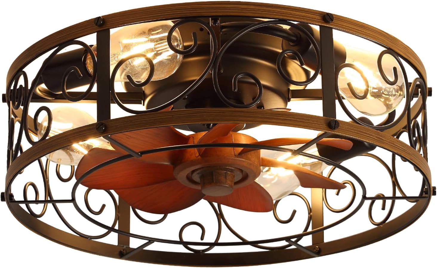 18'' Caged Ceiling Fan with Lights and Remote Flush Mount Farmhouse Ceiling Fan Low Profile Bladeless Fandelier Small Vintage Rustic Chandelier Reversible Motor 6 Speeds for Bedroom Kitchen