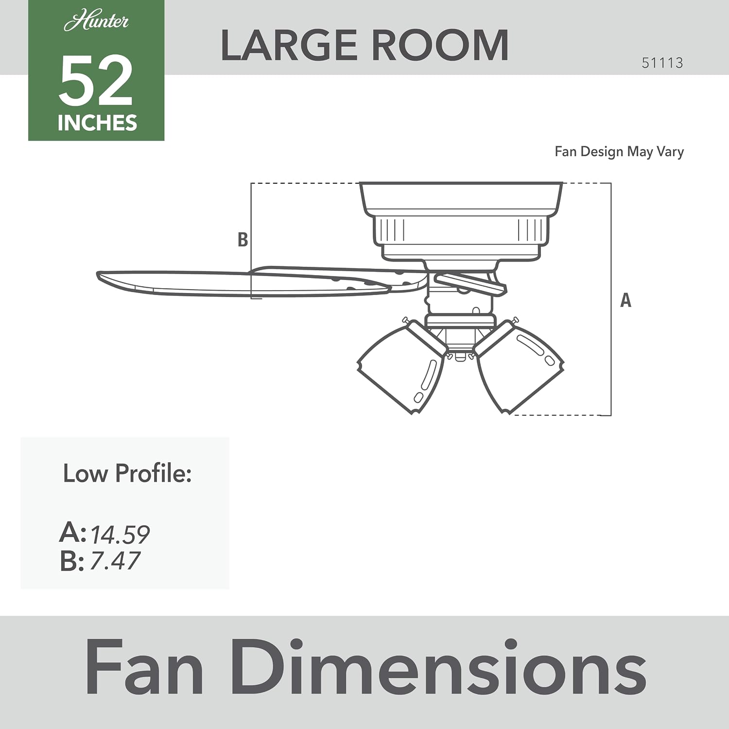 Hunter 52 inch Indoor Ceiling Fan with LED Lights - Ceiling Fan with Pull Chain, For Bedroom, Living Room, or Kitchen, Low Profile Flush Mount, No Remote, 5 Blades - Builder 51113, Matte Silver