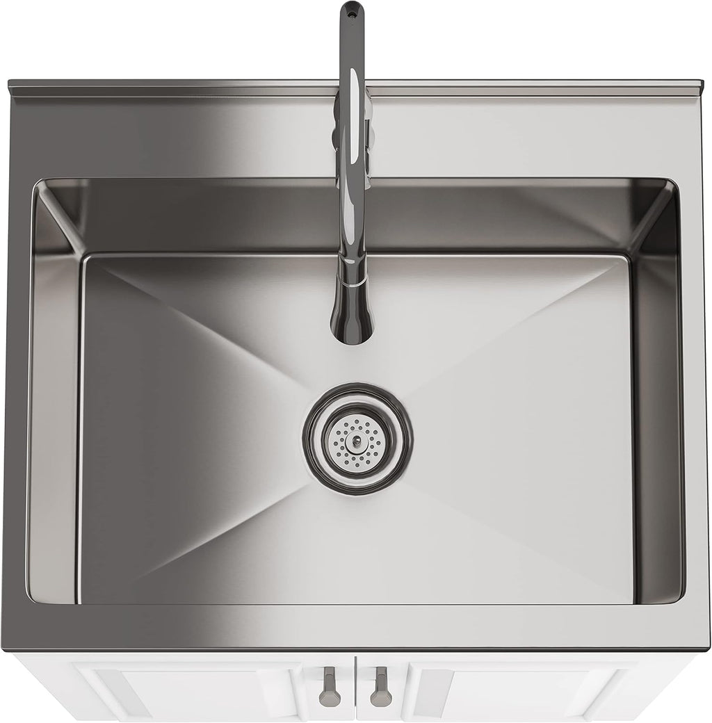 SIMPLIHOME Darwin All-in-One 24 inch Wide Utility Sink and Laundry Cabinet in Pure White Finish, Transitional Stainless Steel Sink Cabinet for Laundry Rooms with High-Arch Chrome Faucet and Storage