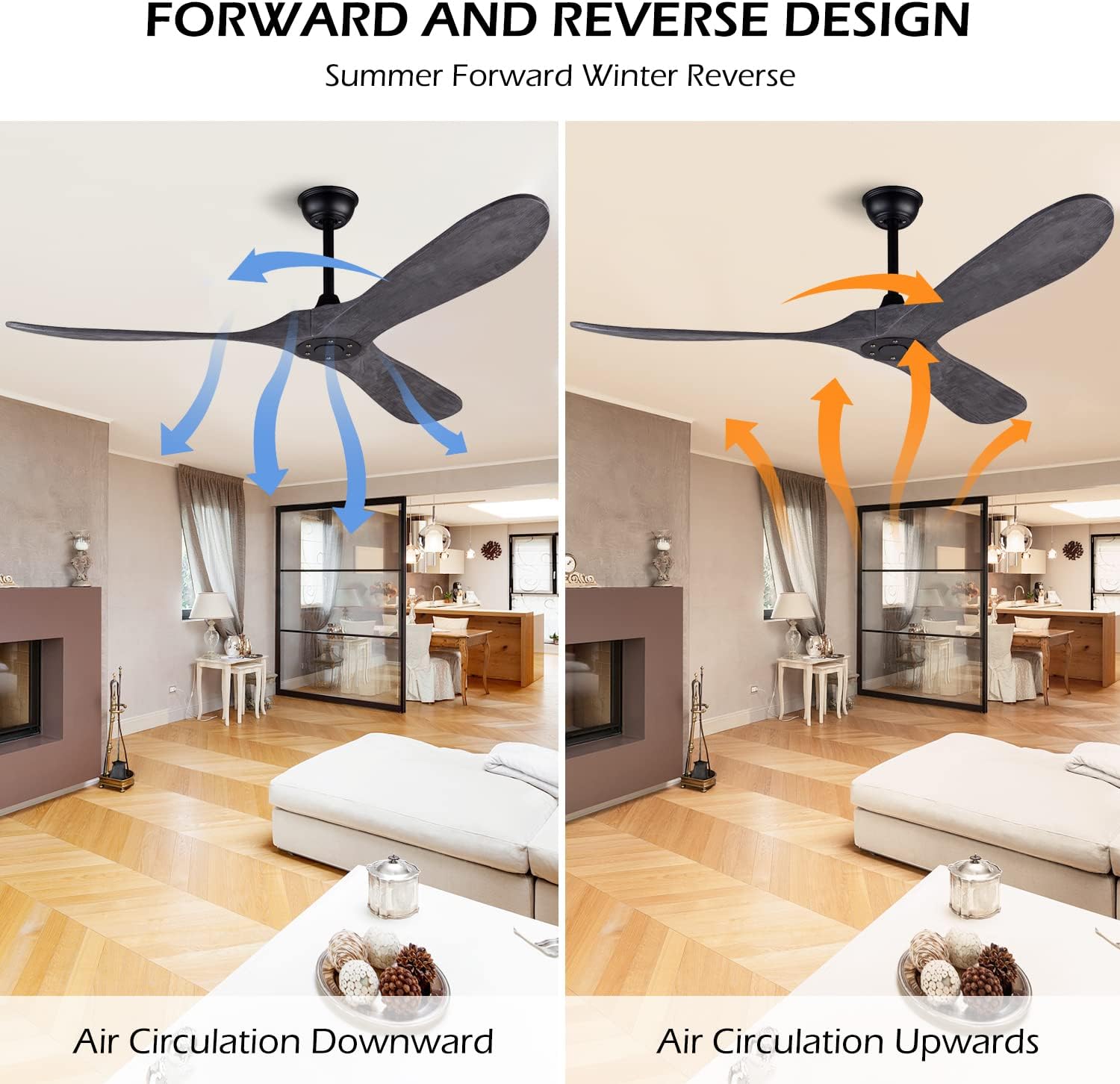 60 Inch Ceiling Fan without Light ，Wood Indoor Outdoor Ceiling Fans No Light for Patios Big Outside Farmhouse Ceiling Fan for Living Room Dining Room (Grey)