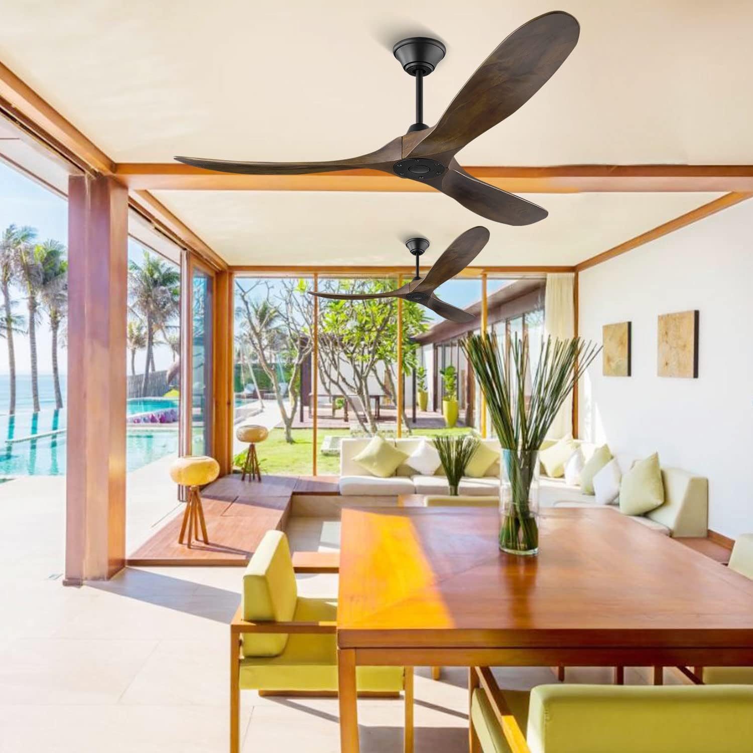 60 inch Ceiling Fan No Light, Outdoor Ceiling Fans for Patios, Wood Ceiling Fan with Remote Control, 3 Blade Propeller Fan, 6 Speed Noiseless Reversible Dc Motor, Indoor Outdoor Fan