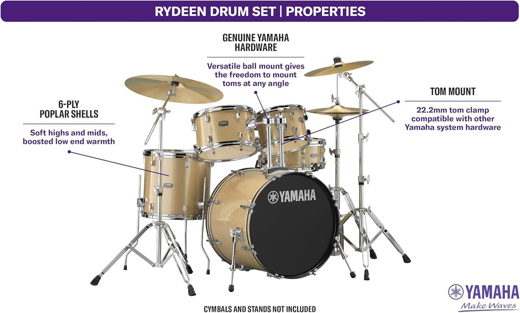 Yamaha Rydeen 5-Piece Drum Set With 22' Bass Drum, Floor Tom, 2 Toms With Ball Clamp And Wood Snare Drum, Champagne Glitter