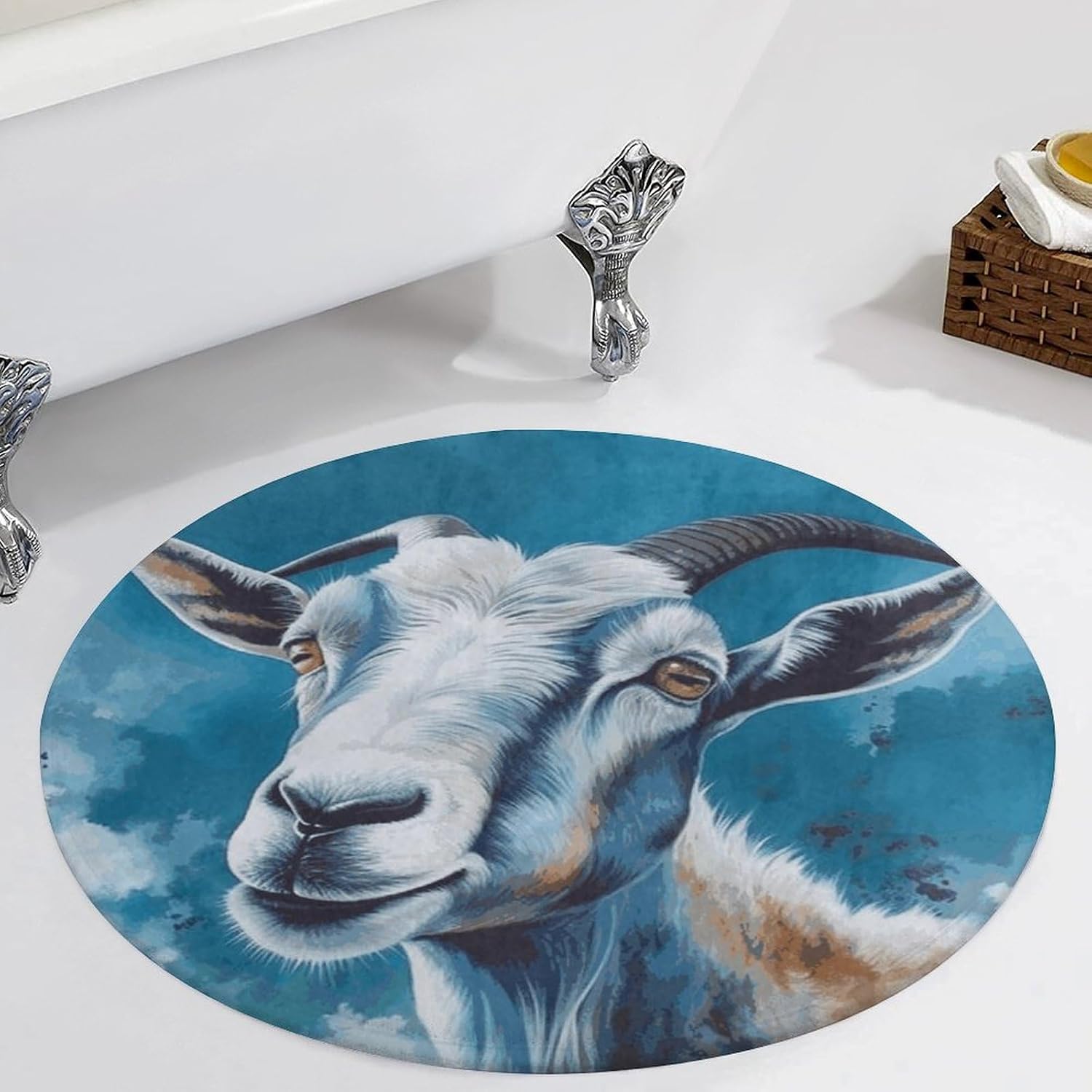 Blue Goat Print Coral Velvet Round Floor Mat Non-Slip Bath Rug Floor Covering for Bathroom Vanity Guest Suite & Vacation Home